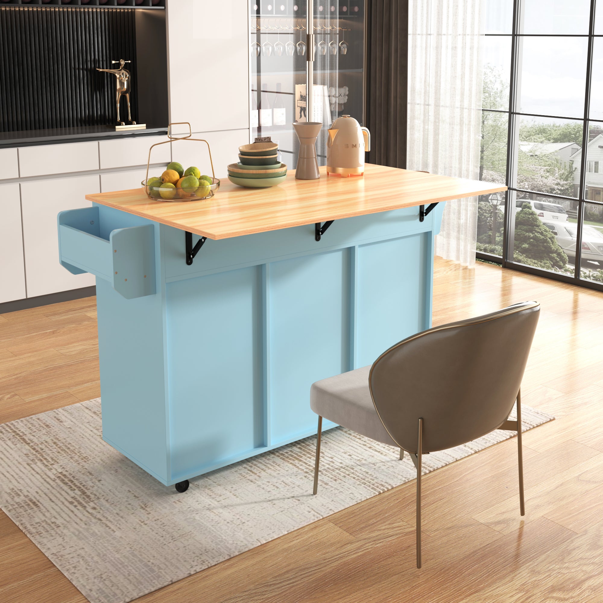 Dining Trolley Sideboard with Fold-Down Worktop and Casters, Blue and Solid Wood Grain