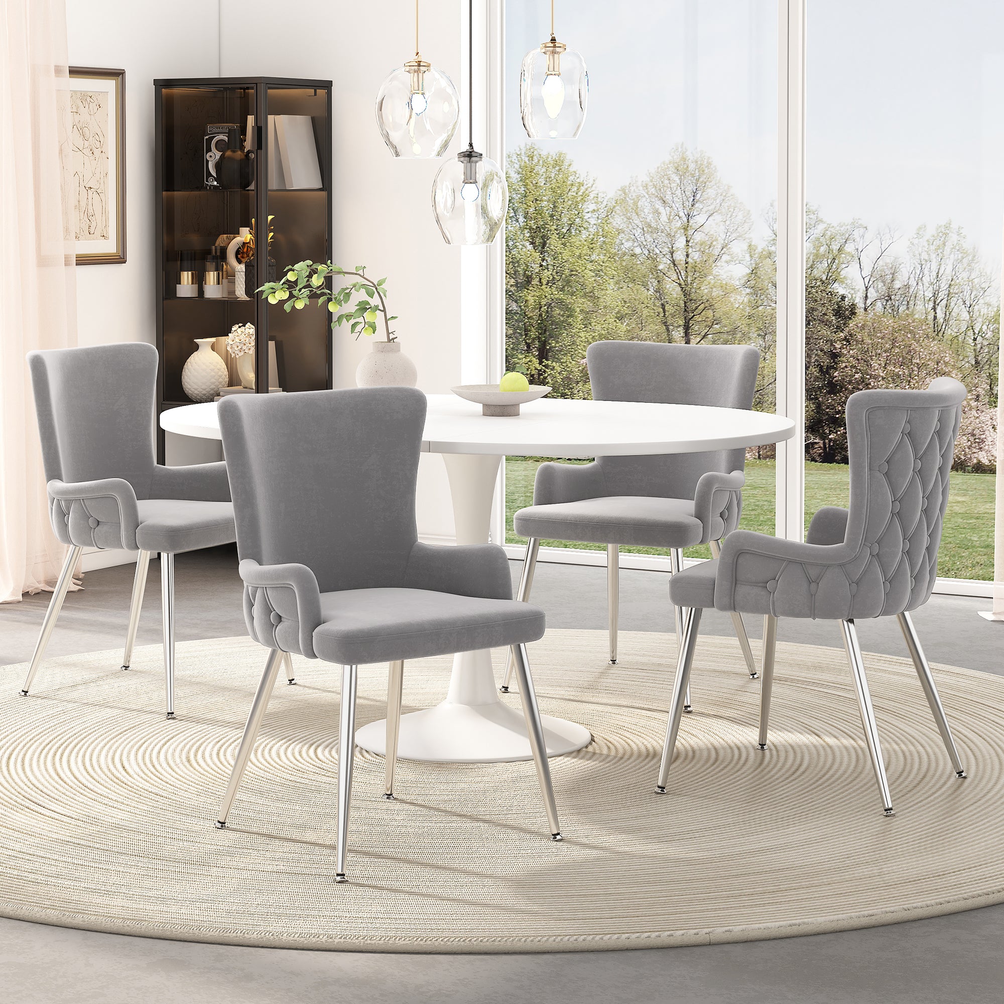 Velvet Dining Chair Set of 6, Luxurious Lounge Chair with Silver Metal Legs, Grey Velvet
