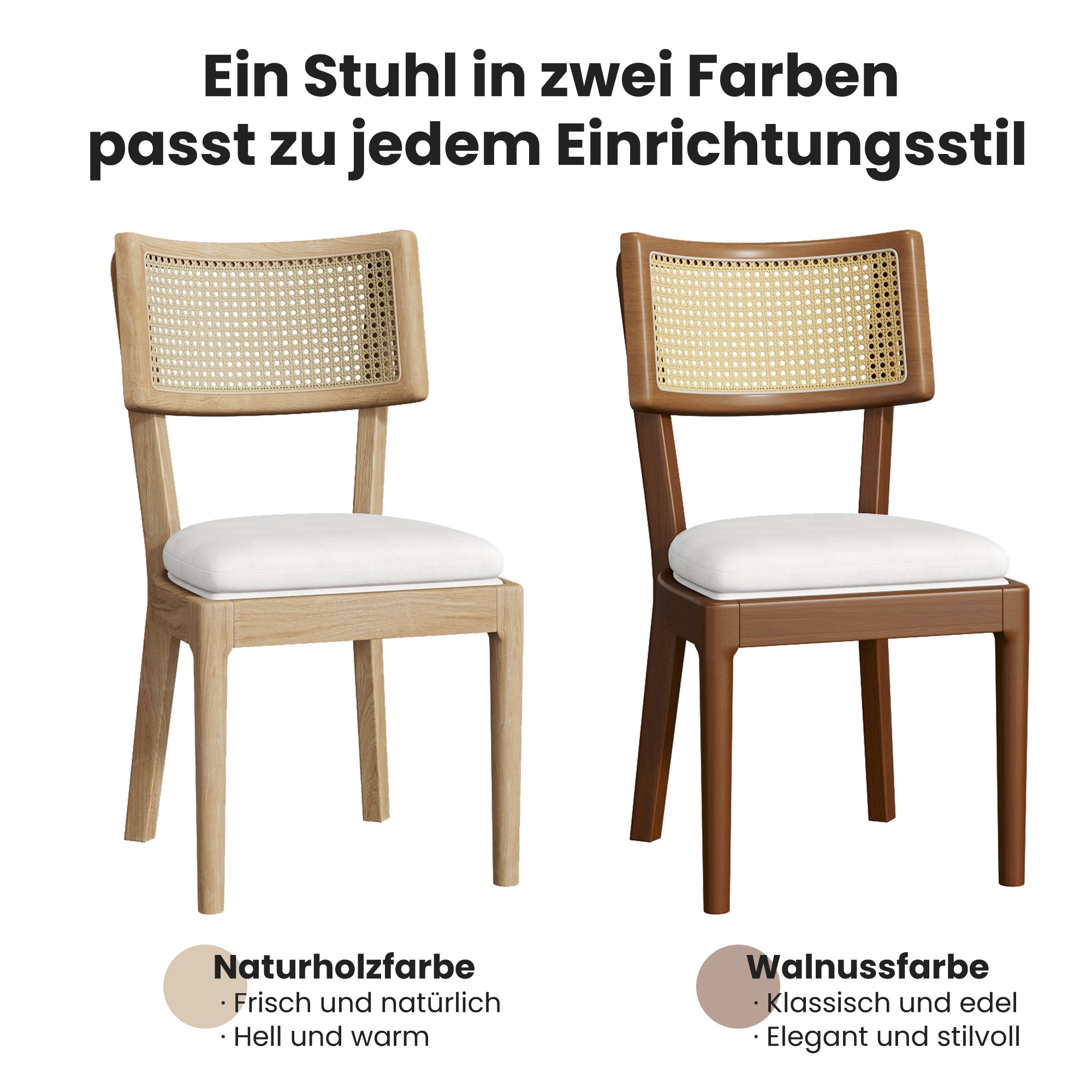 4 Solid Wood Dining Chairs, Rattan Backrests, Modern Style, Linen/Wood Color