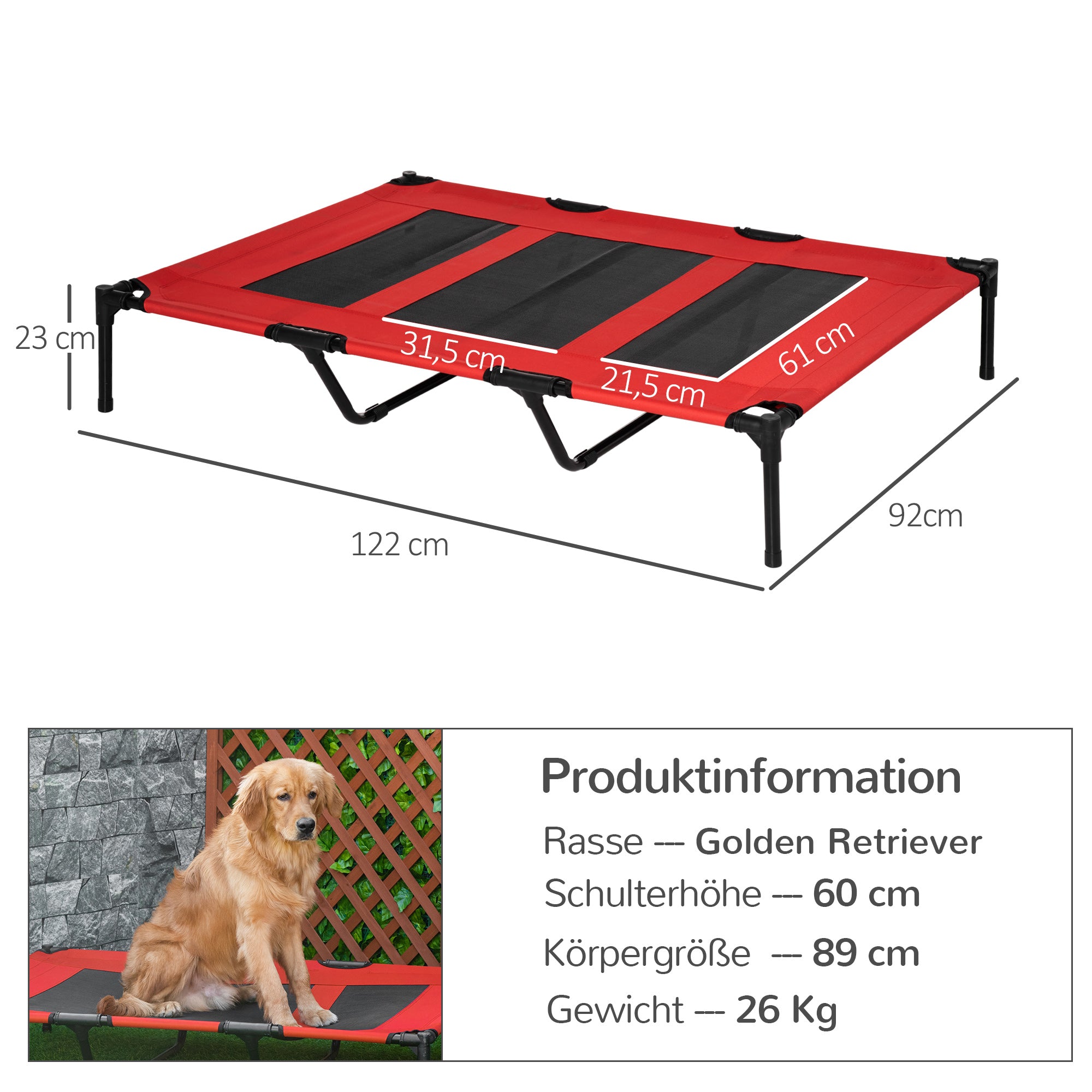 Dog Bed Elevated, Large Dogs, Metal Oxford Red