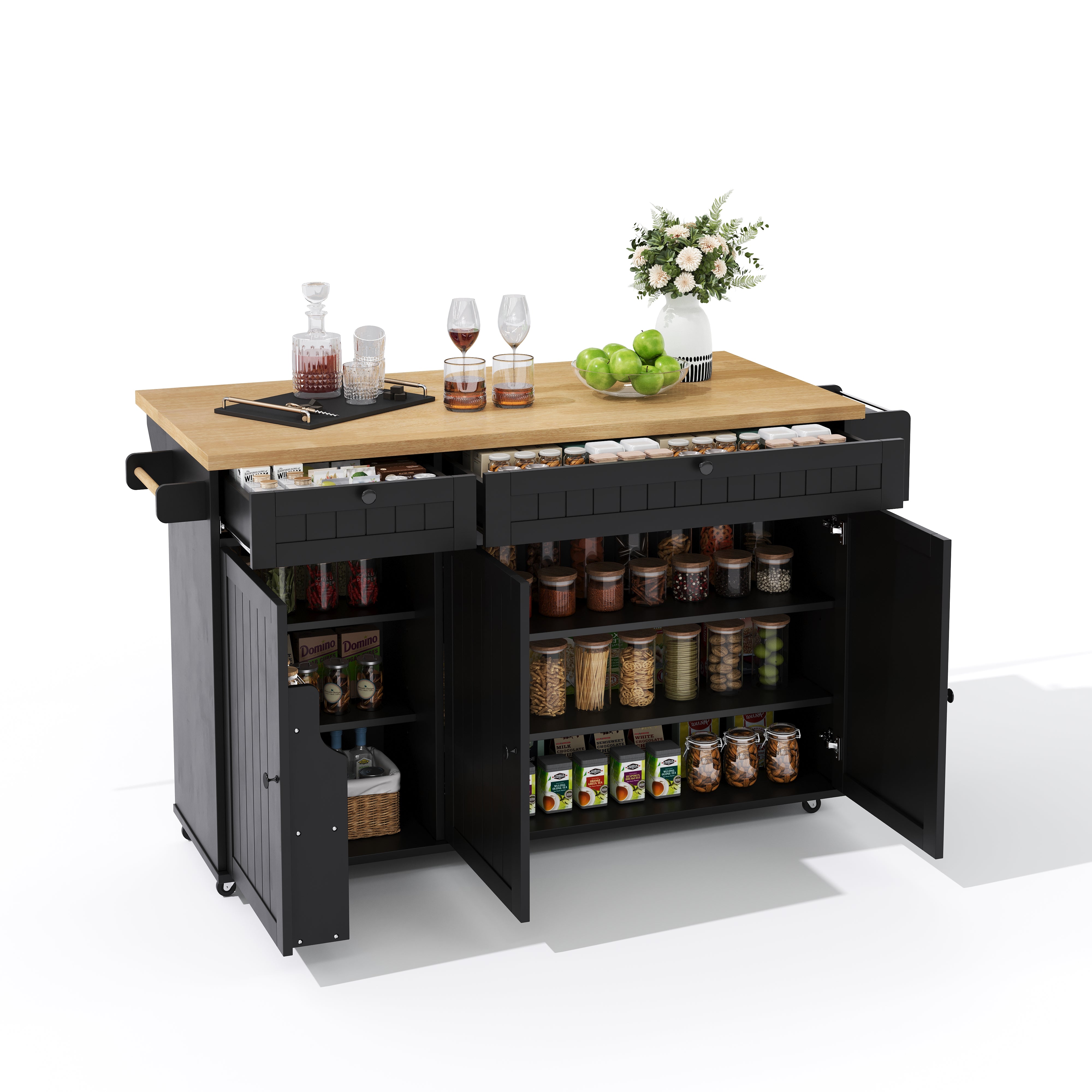 Kitchen Island Cabinet with Fold-Down Worktop, 6 Rolling Casters & Storage Drawers, Black