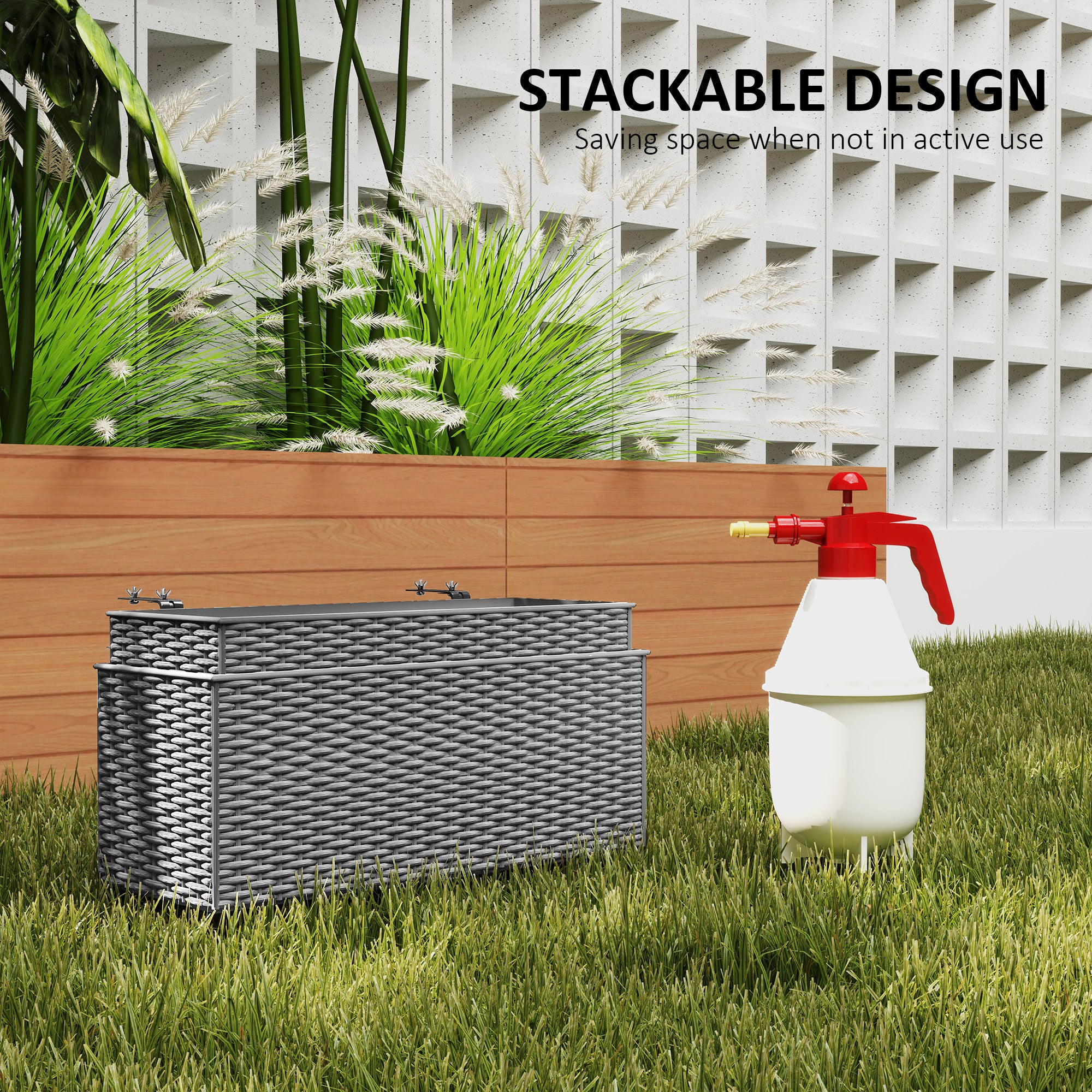 Set of Two Planters with Rattan Effect - Grey