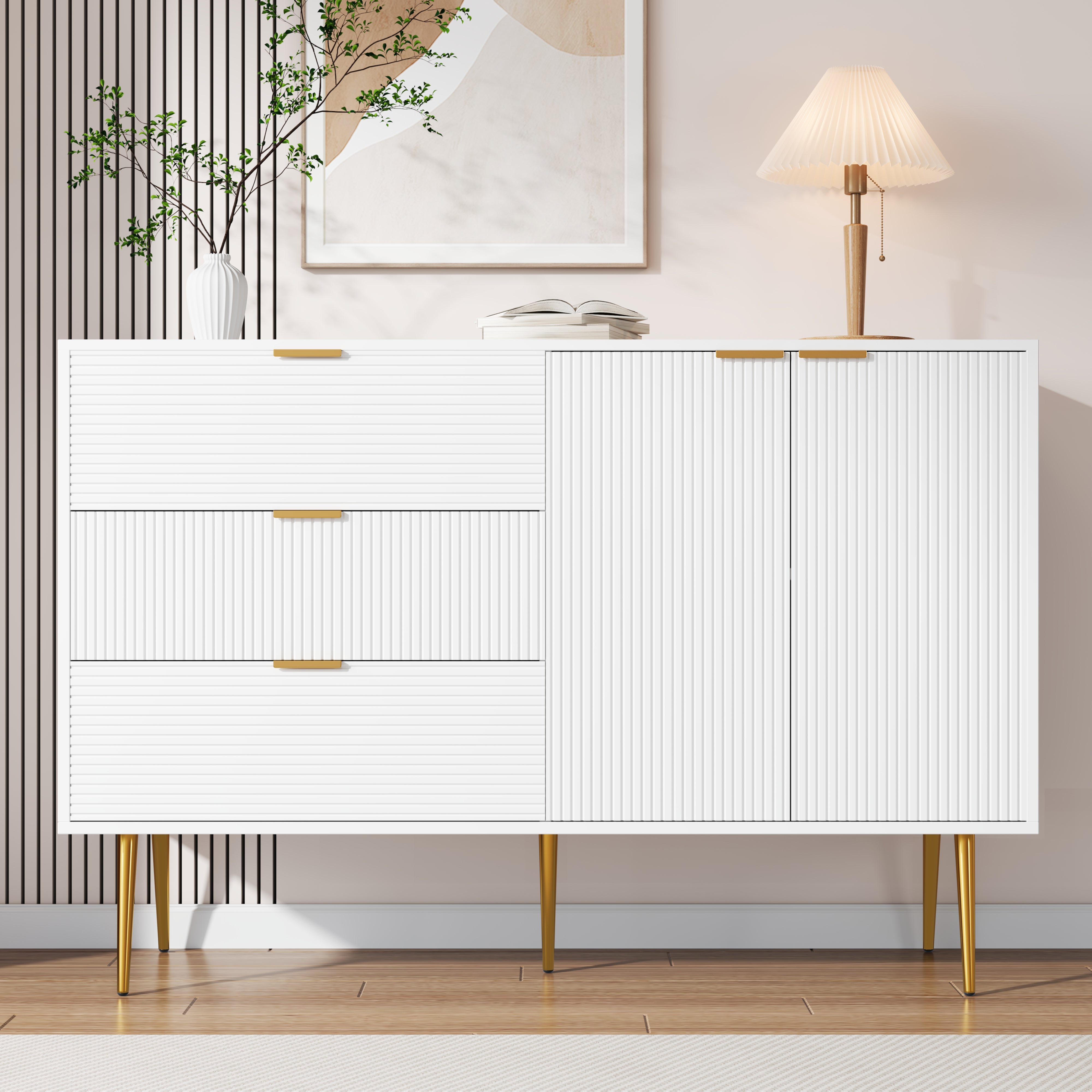 Sideboard, Living Room Cabinet with Doors & Drawers, Interior Shelves, Golden Handles & Legs