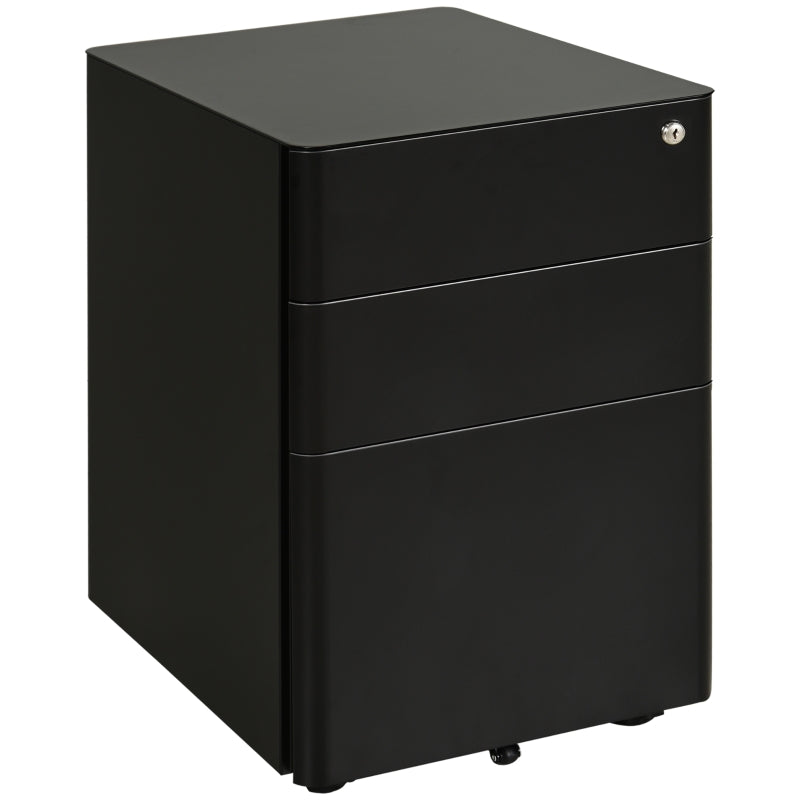 Lockable Cabinet, Rolling 3-Drawer Filing Unit for A4/Legal Files, Steel Black