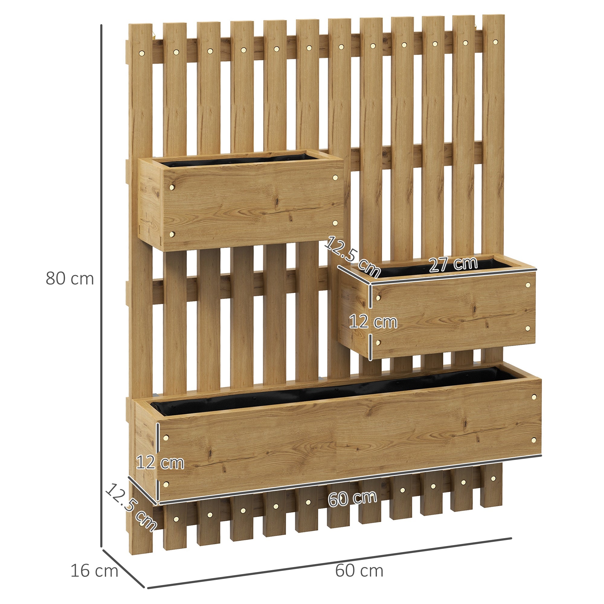 Wall-mounted Garden Planters with Trellis & 3 Planter Boxes, Carbonised Wood