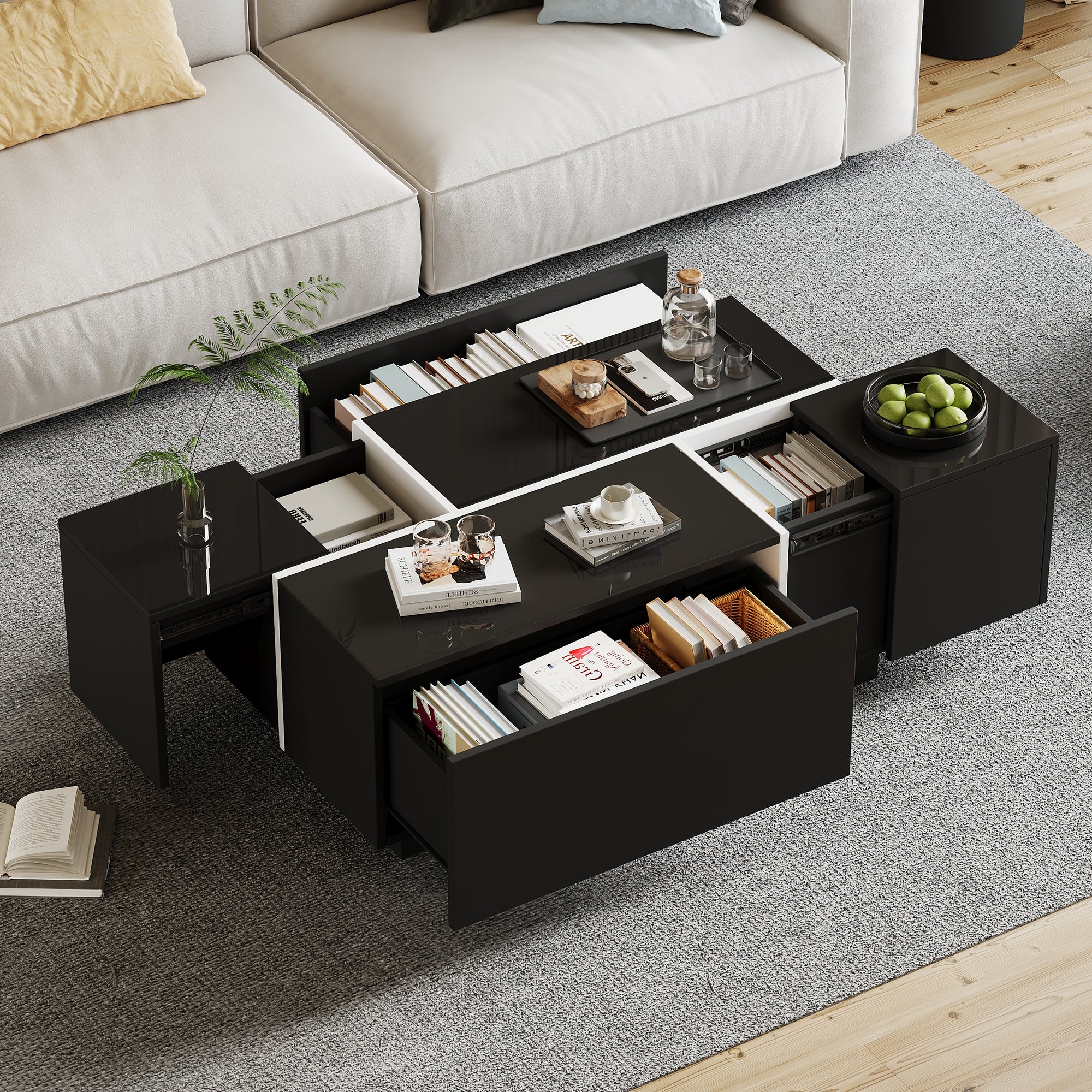 Coffee Table, Modern Square with 4 Drawers & Sliding Top, Black High-Gloss