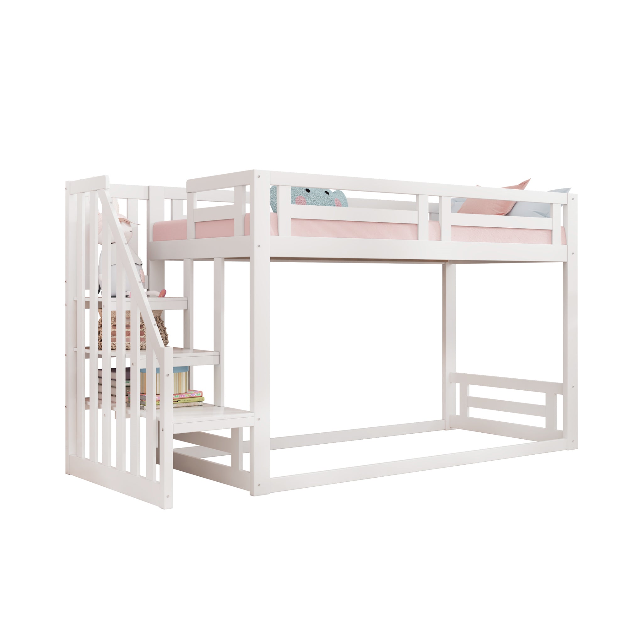 Children's Bed, Low Bunk with Safety Stairs, Solid Wood, White