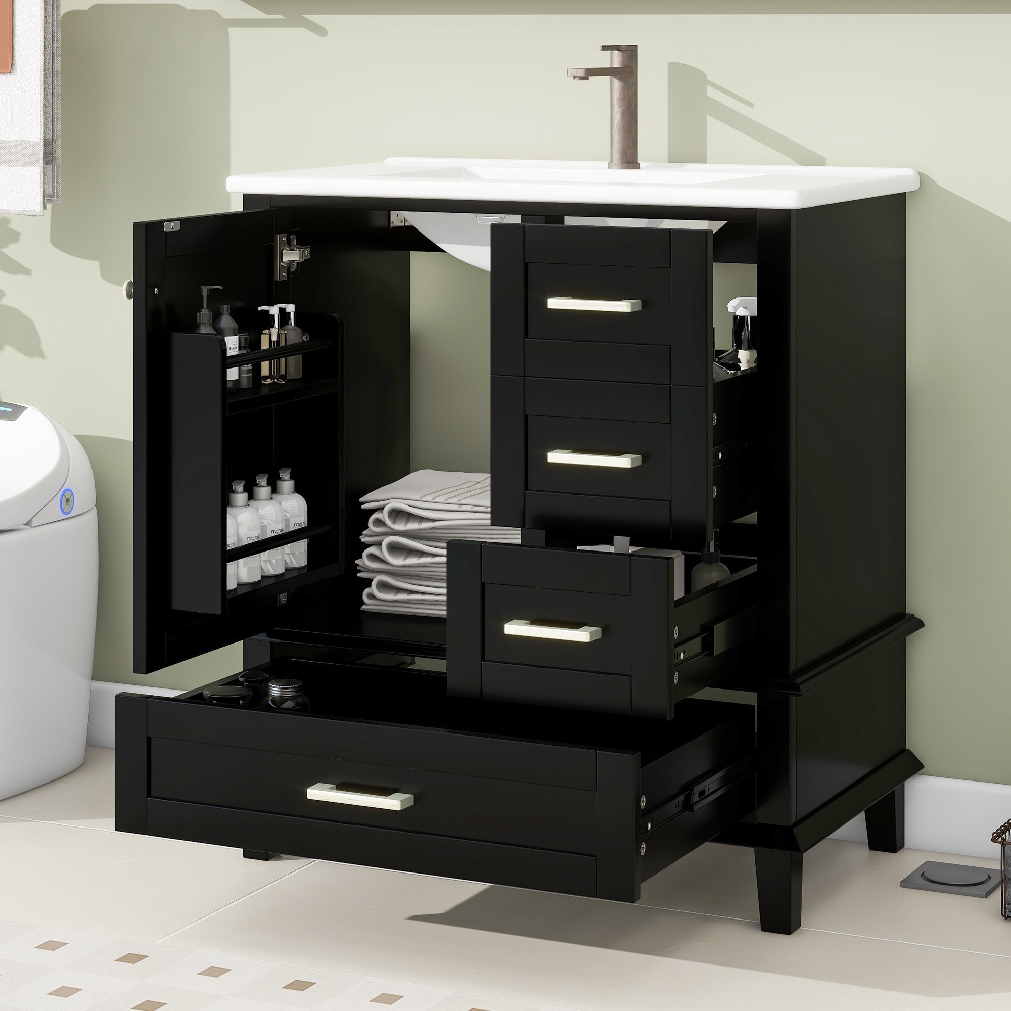 Bathroom Cabinet with Ceramic Sink and Silent Drawers, Black