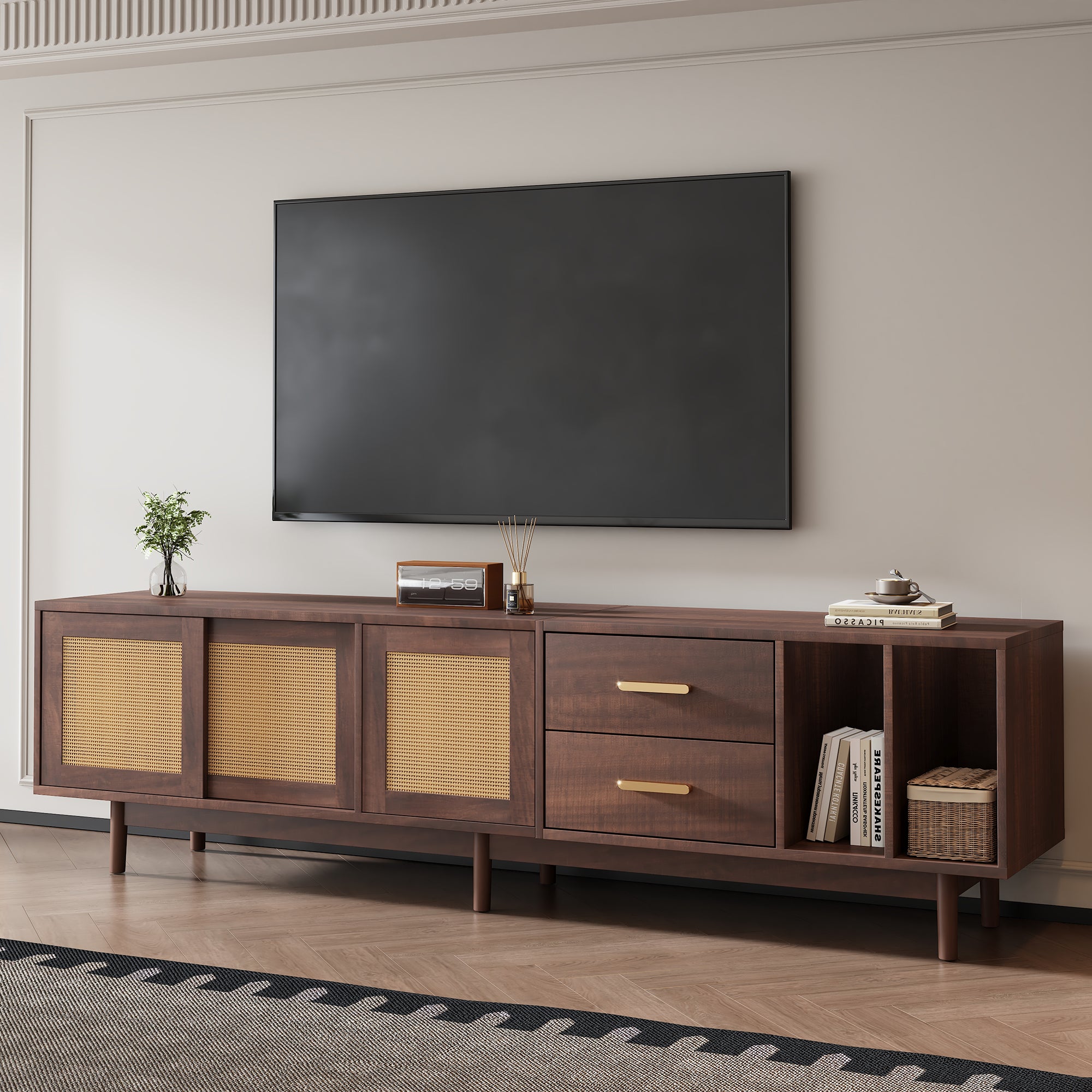 TV Cabinet, 190x40x52cm Lowboard with Drawers, Rattan MDF, Brown