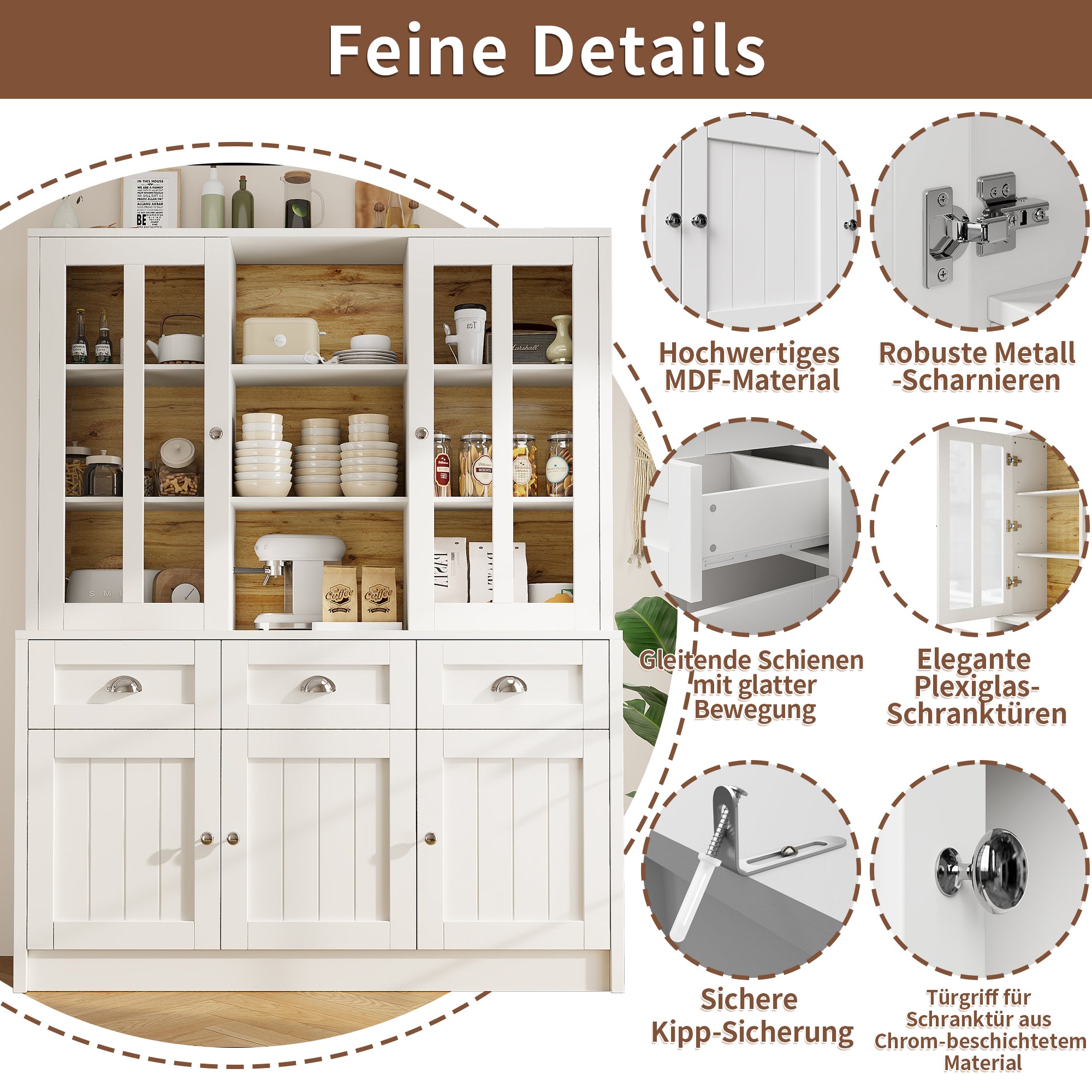 Modern Minimalist Tall Display Cabinet 140x175cm with Drawers White