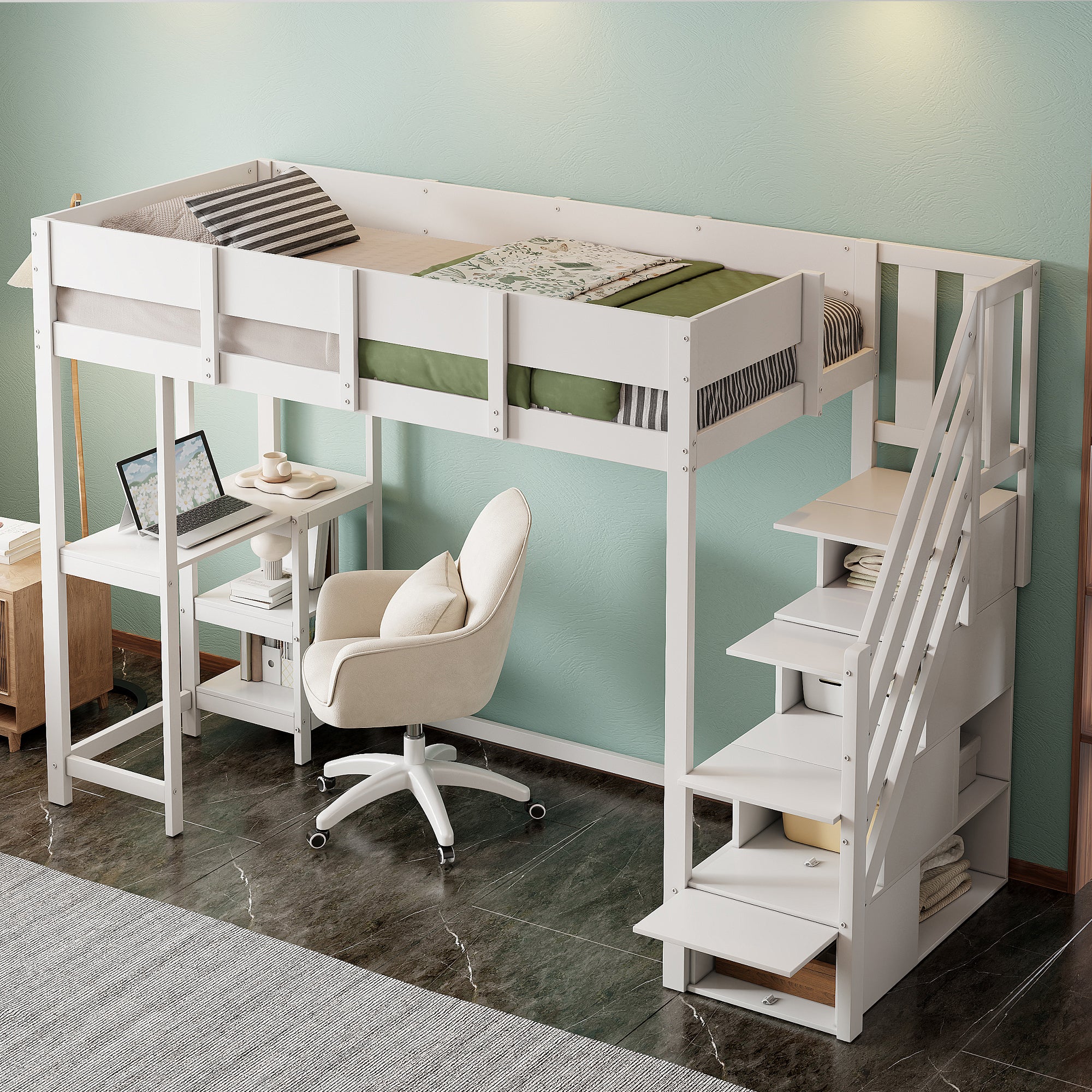 Bunk Bed, Multifunctional Loft with Storage & Shelf, Pine Wood, White