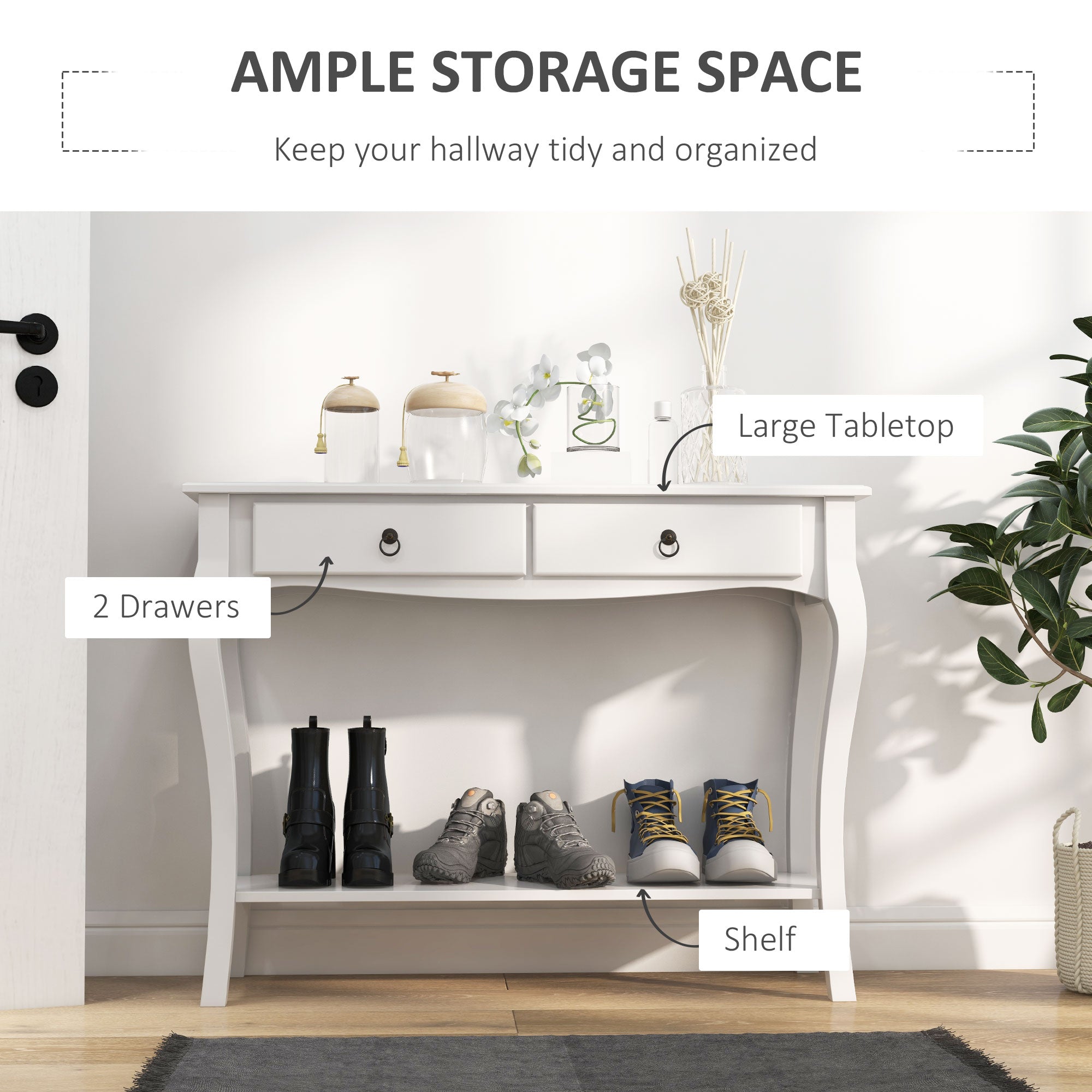 Console Table with Storage Shelves and Drawers, Modern Sofa Side Desk, Ivory White