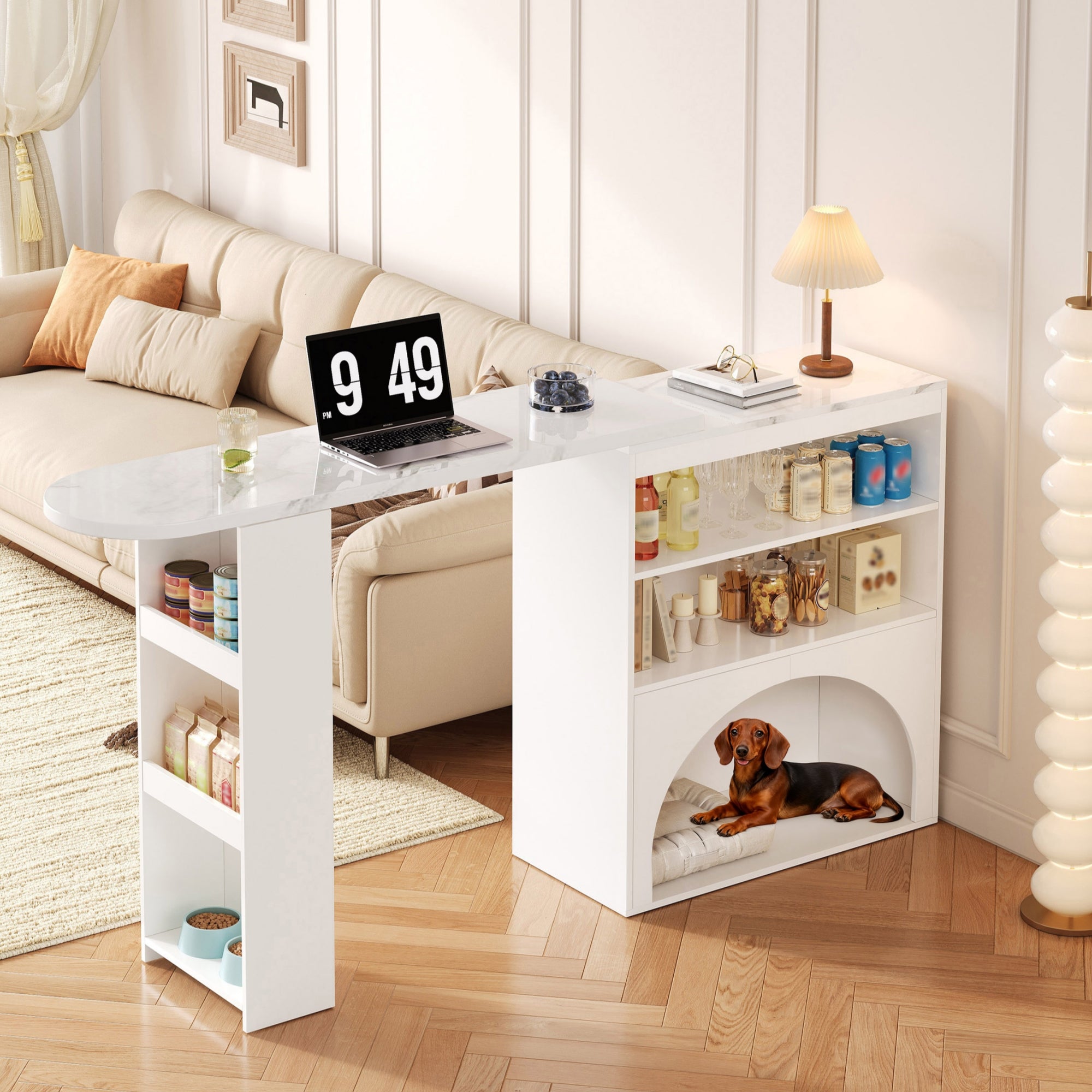 Extendable Table, Rotating High with Pet Area, White Marble Effect