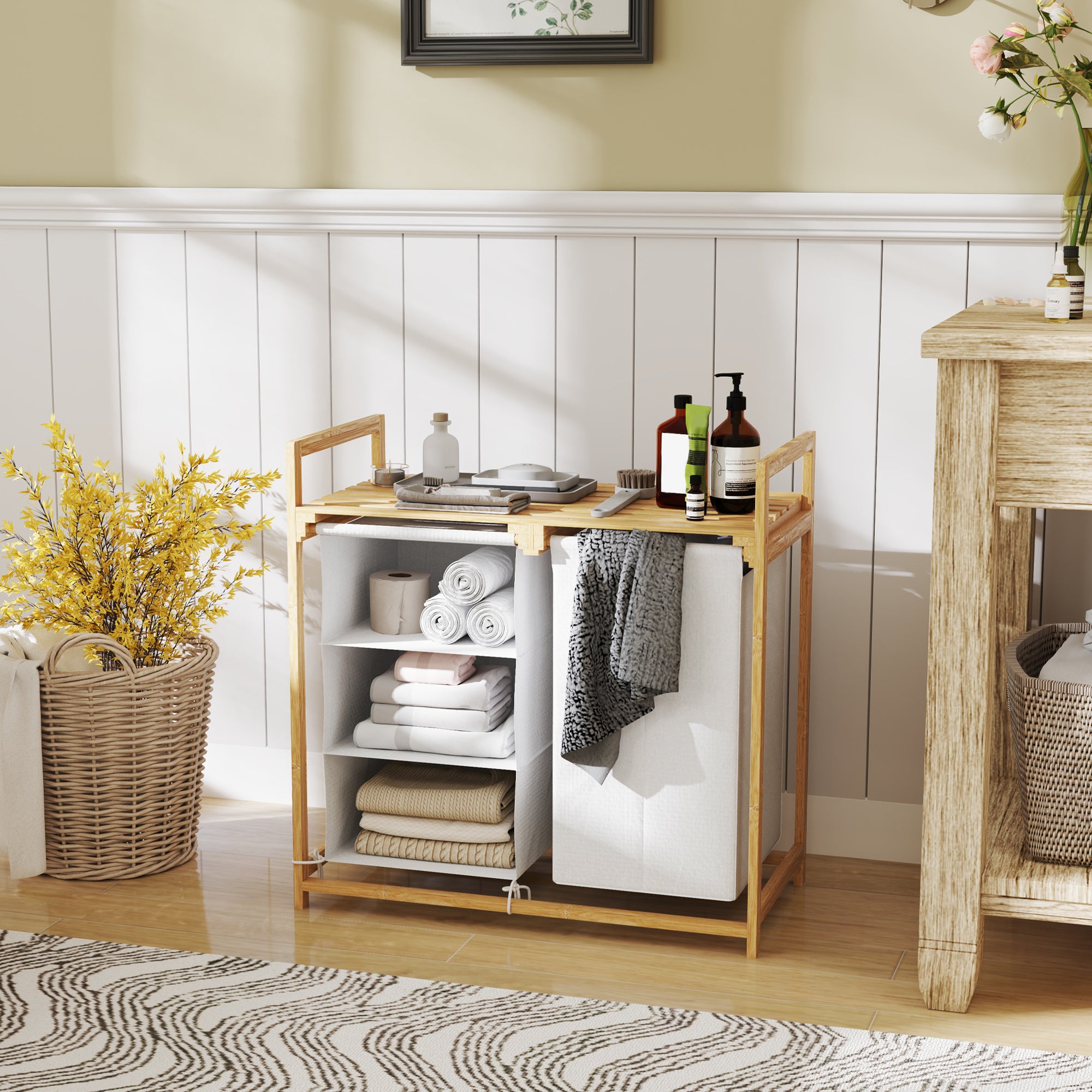 Laundry Basket 4 Compartments, Extendable Bags, 83L, Bamboo White