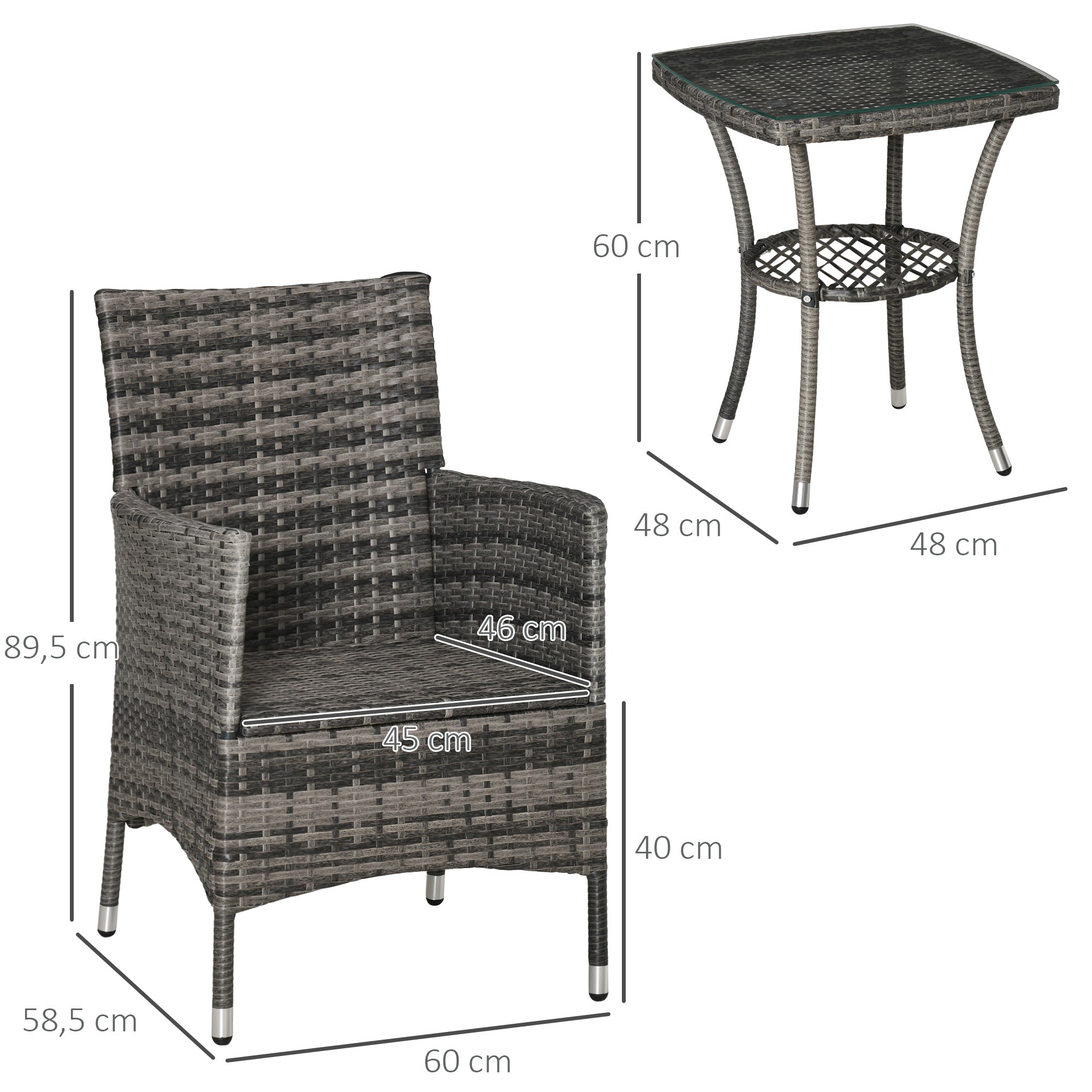 3 Pieces Rattan Bistro Set, Wicker 2-Tier Coffee Table Chairs Washable Cushions, Mixed Grey