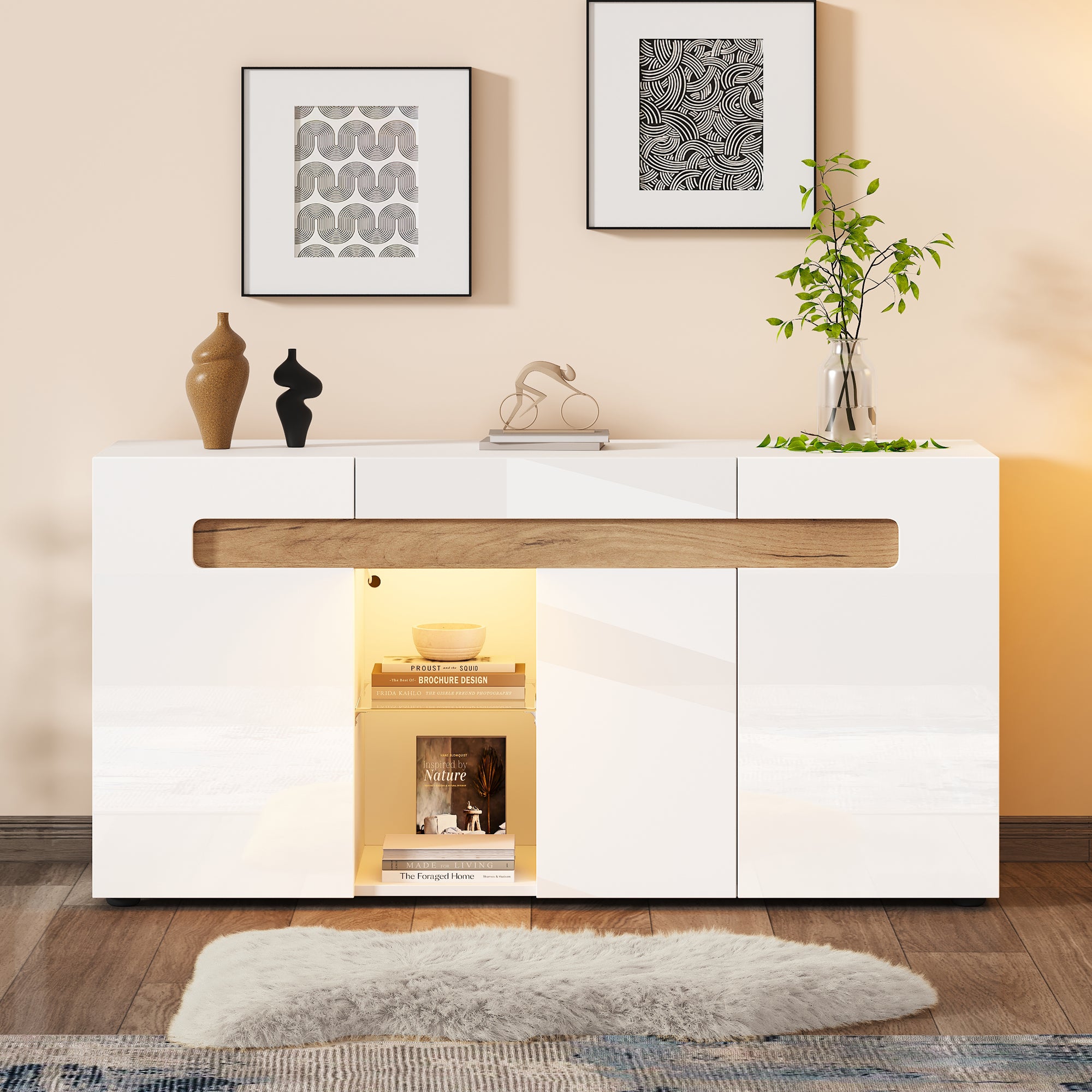 Sideboard 3-Door LED Control 140x40x70cm High-Gloss White