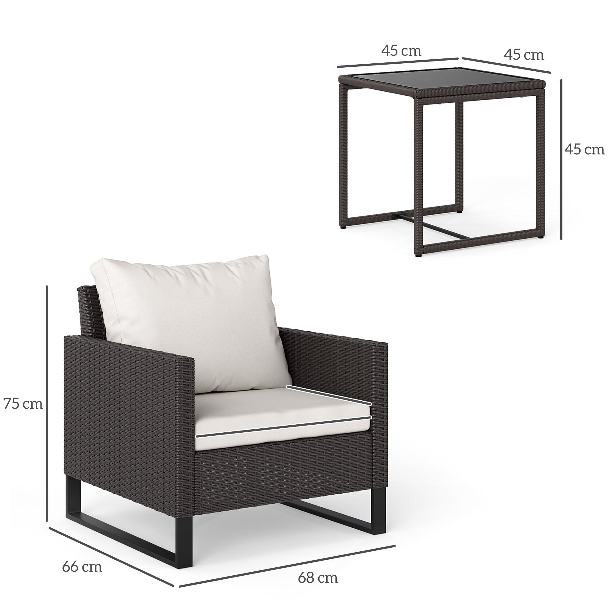 3 Pieces Rattan Bistro Set, 4 Cushions Glass Top, Brown