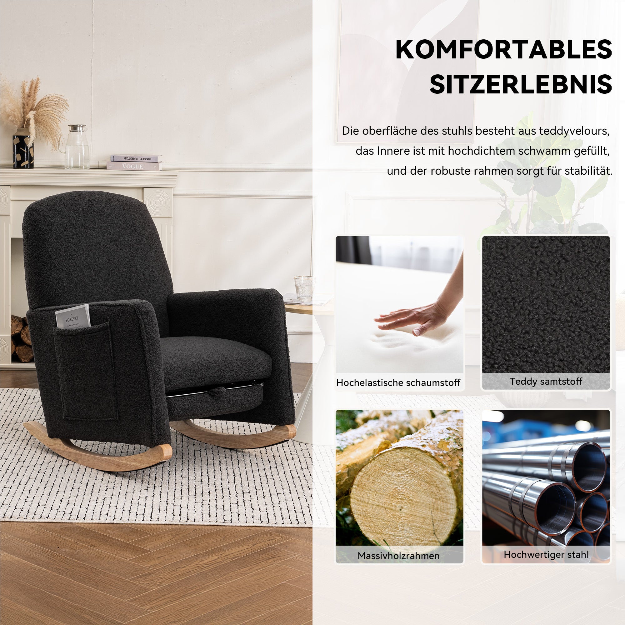 Rocking Chair with Stool, Recliner, High Back, Dark Grey Teddy Fabric