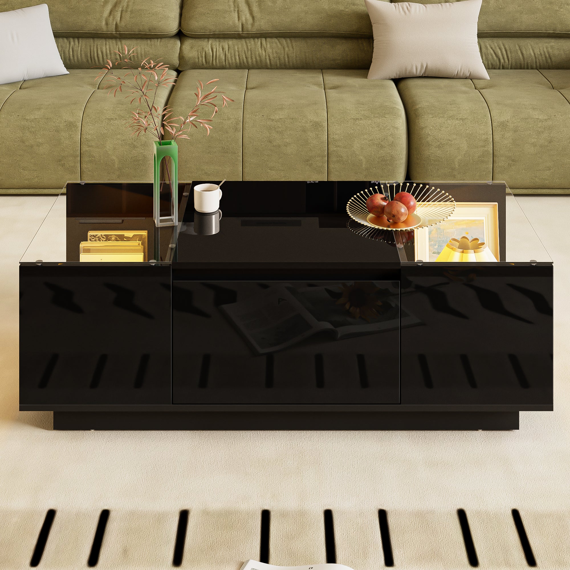 Coffee Table Modern Minimalist 105cm, Storage, LED Lighting, Glass Top, 2 Drawers
