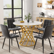 5-Piece Dining Set, Round 80cm Kitchen Table Gold Metal Legs, Dark Grey Velvet / White MDF