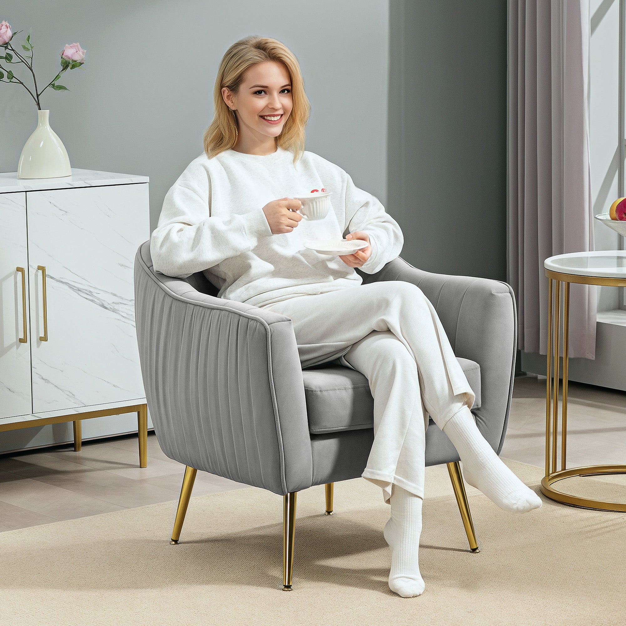 Velvet-Feel Shell Back Accent Chair - Grey