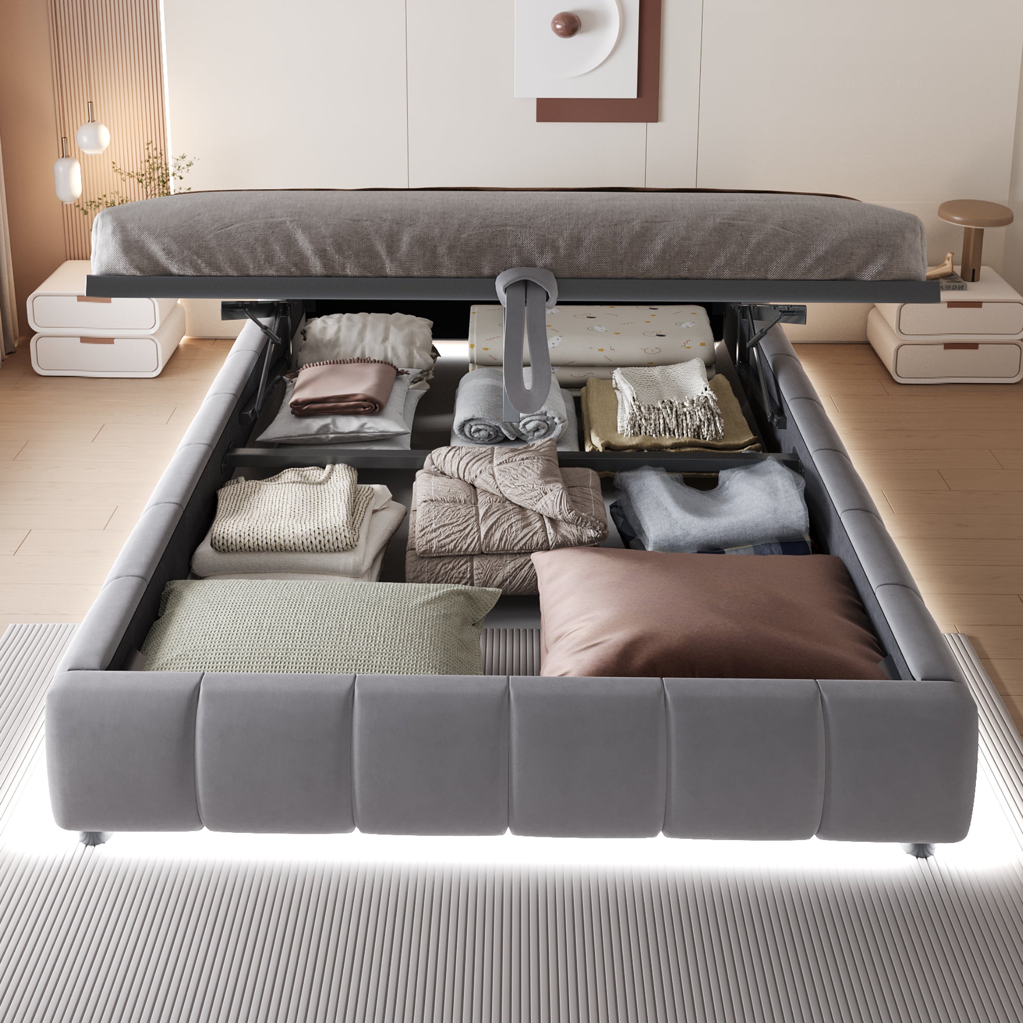 Upholstered Bed, 140x200cm LED Floating with Storage, Grey