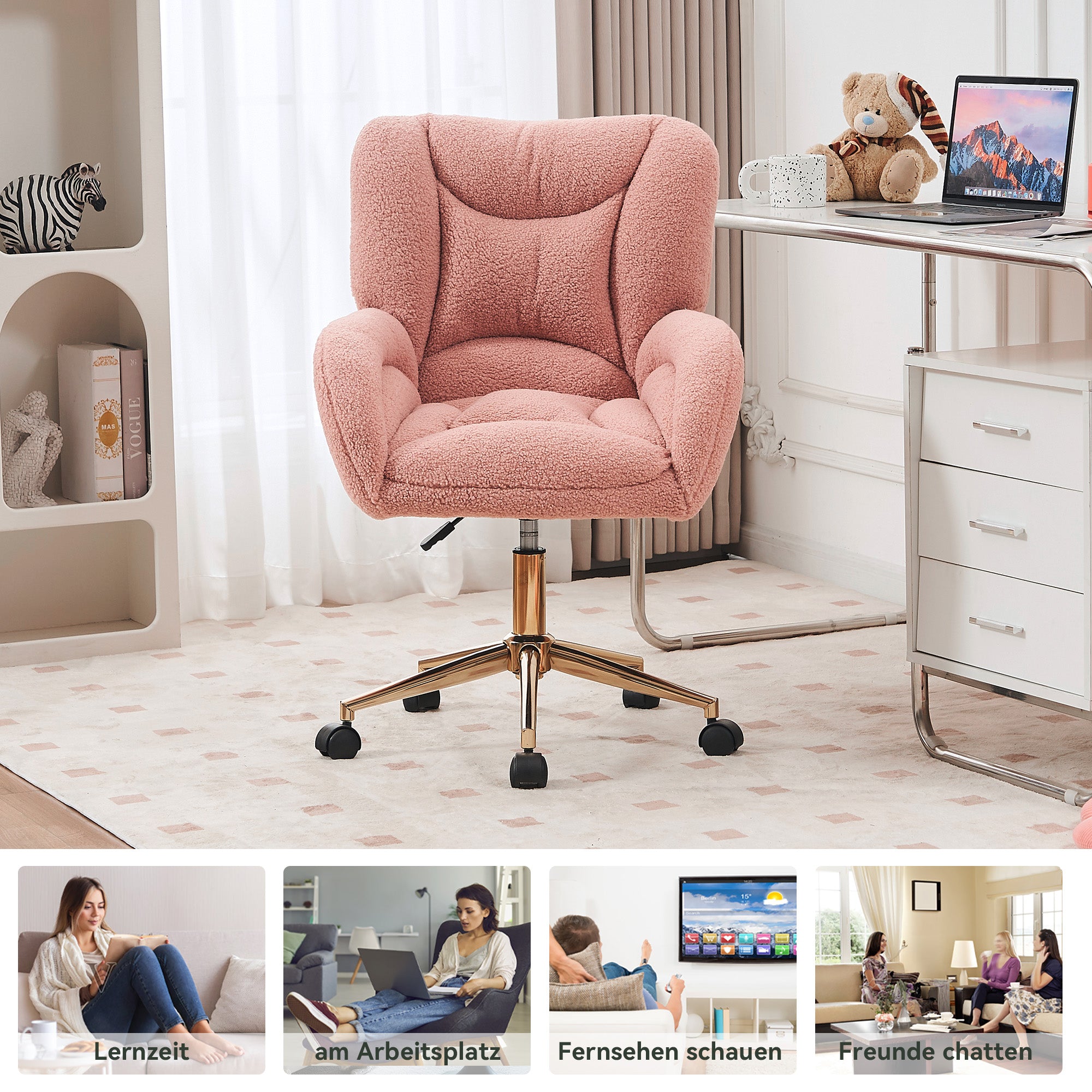 Swivel Chair Height-Adjustable Teddy Fabric Gold Legs - Pink