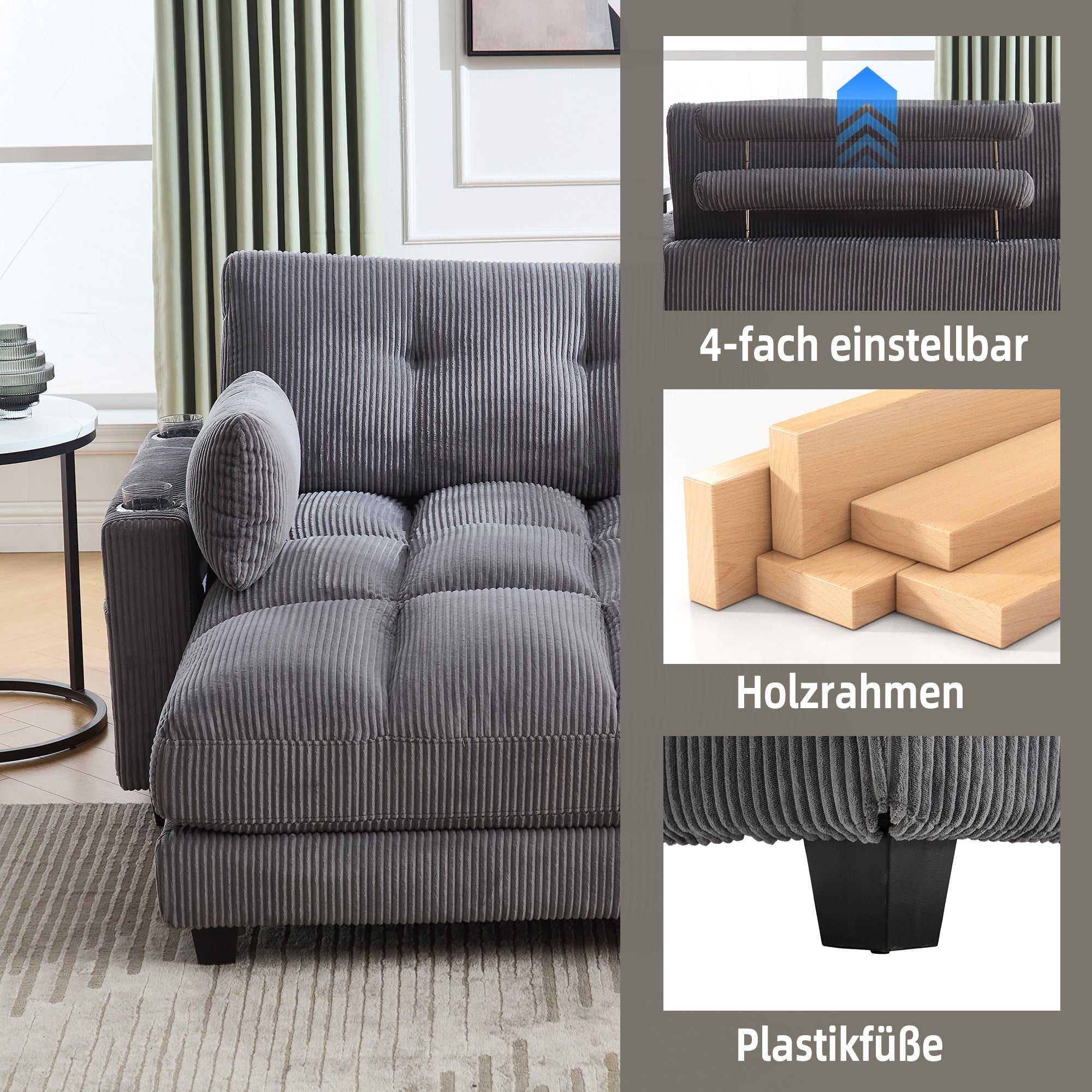 Palm Chair, Fluffy Upholstery, Rolling Cushions, Cup Holders, Side Pocket, Gray