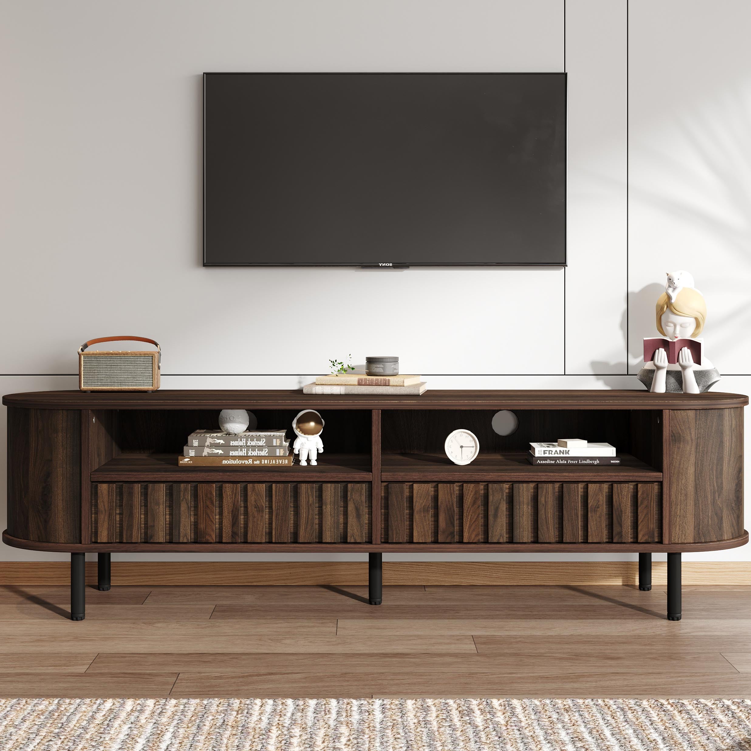 TV Cabinet Lowboard with 2 Cabinets & 2 Drawers, for up to 65" TV, Walnut-colored MDF