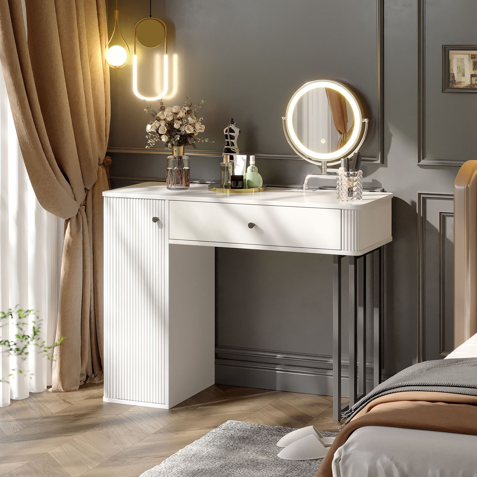 Dressing Table with LED Mirror, 1 Drawer, 1 Door, 3-Color Lighting, White