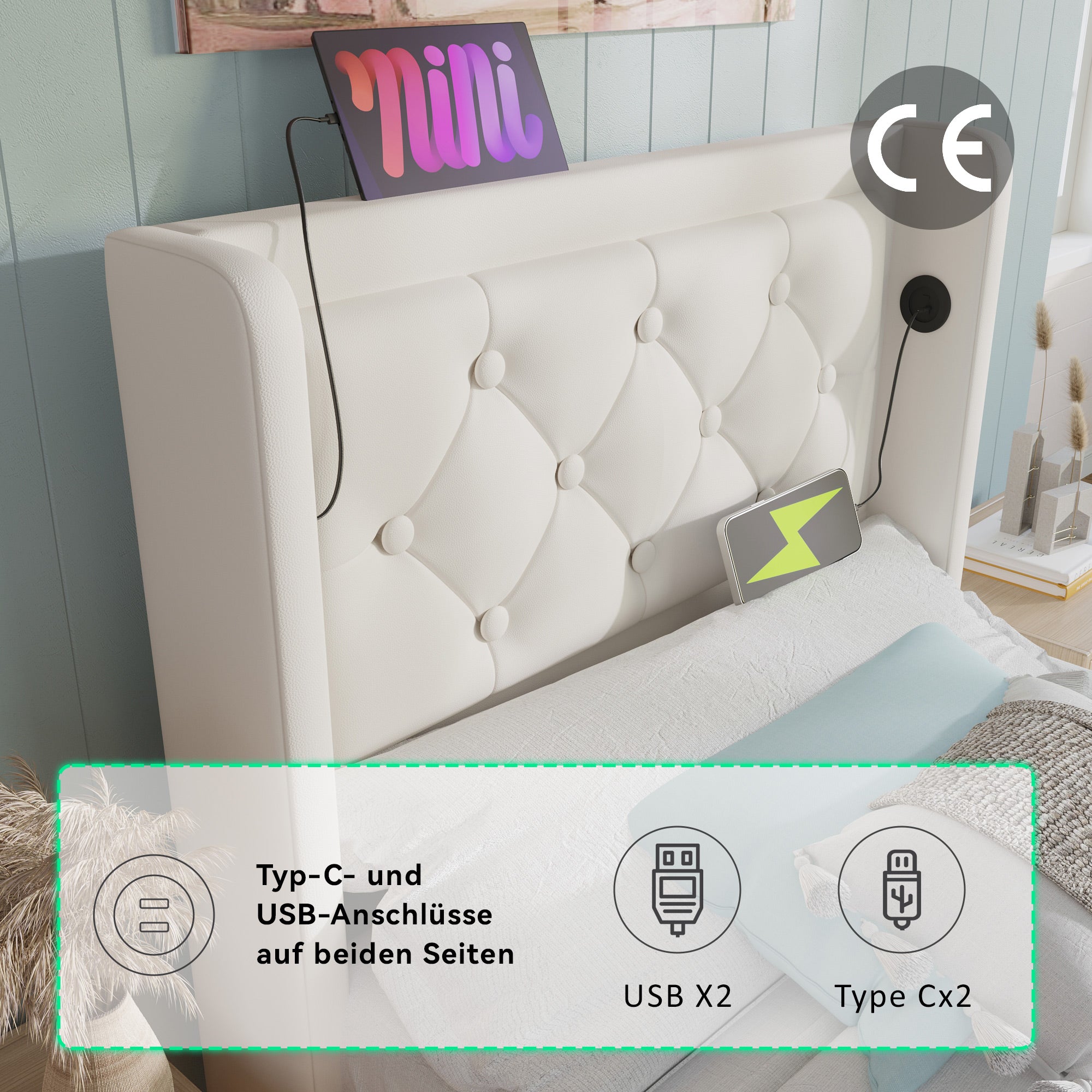 Upholstered Single Bed, Hydraulic Storage with USB & LED, White PU