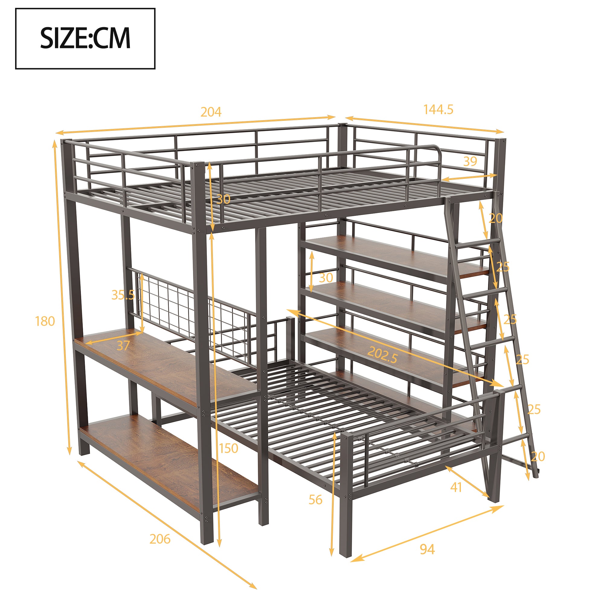 Bunk Bed Metal Frame Loft Bed 140*200 Multifunctional with Storage, Black