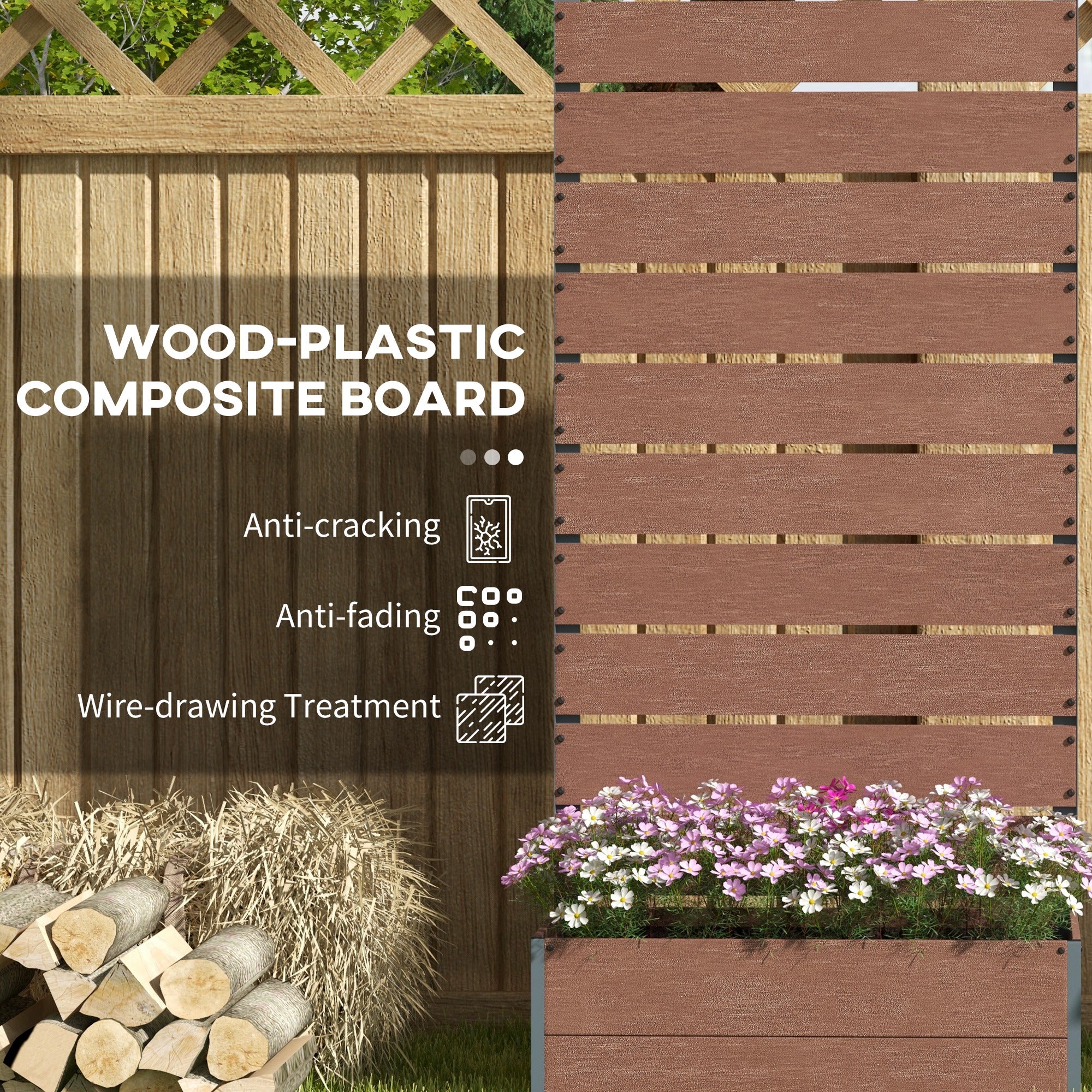 Garden Planter Box with Back Trellis, 34 x 69.5cm, Brown