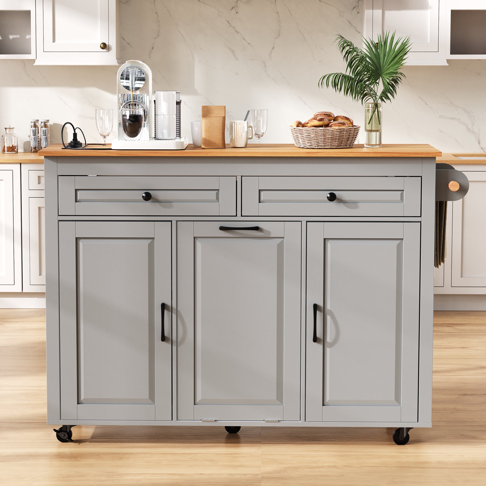 Kitchen Island on Wheels Extendable Worktop Waste Bin Power Strips - Grey