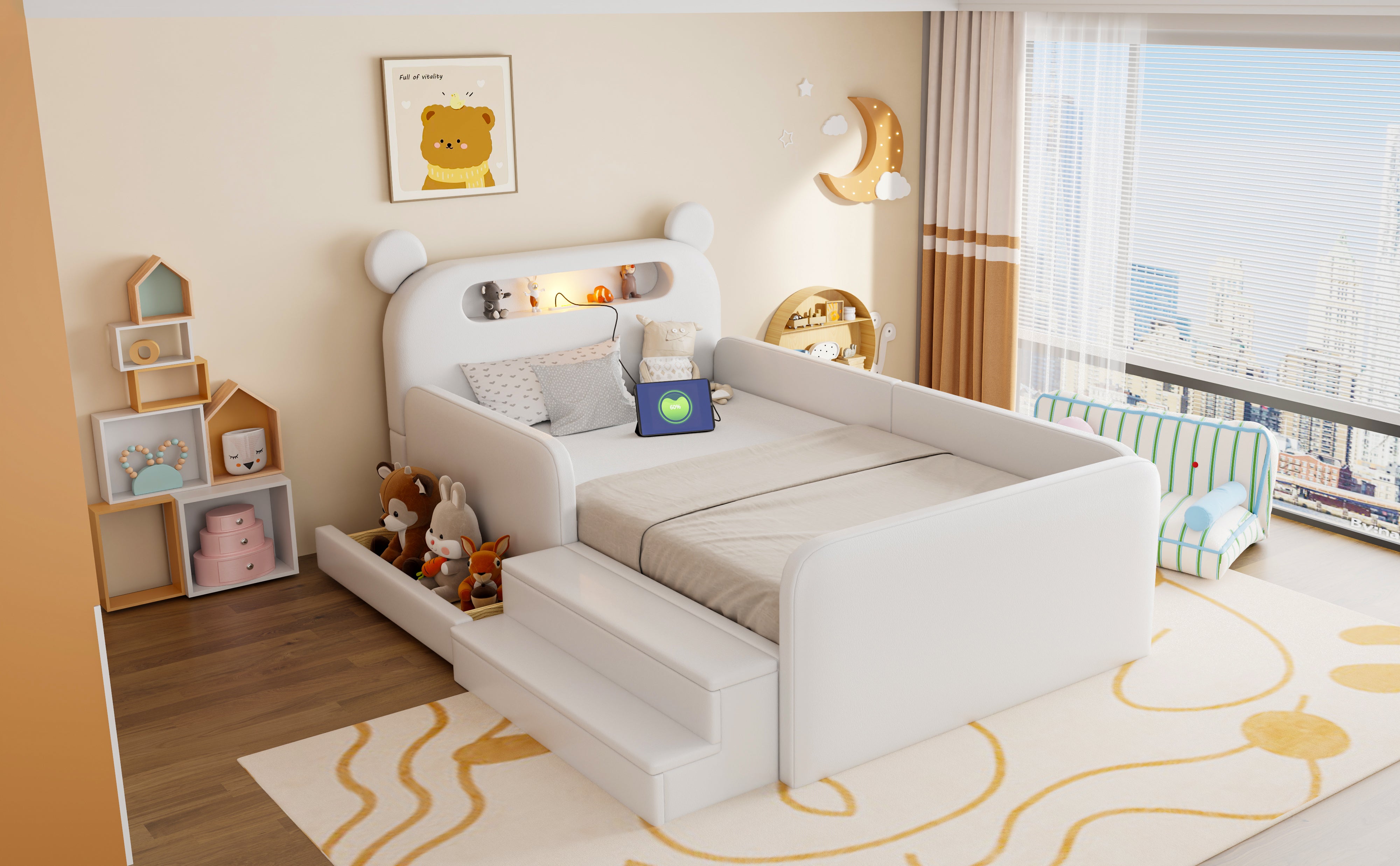 Children's Upholstered Bed 90x200cm Bear Headboard Night Light USB Storage Step Seat White Faux Leather