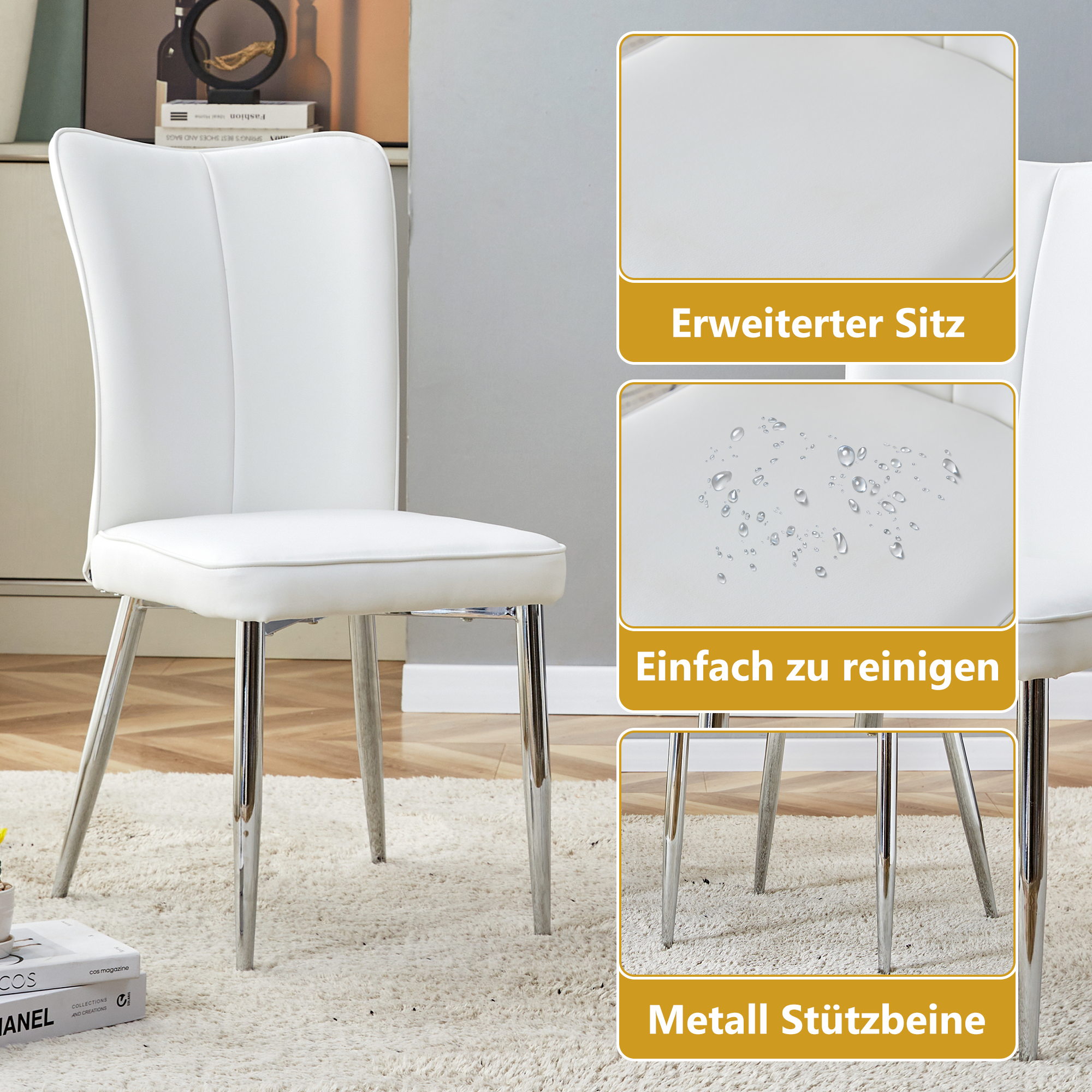 Dining Chairs Set of 2, Modern 89cm PU Silver Metal Legs, White