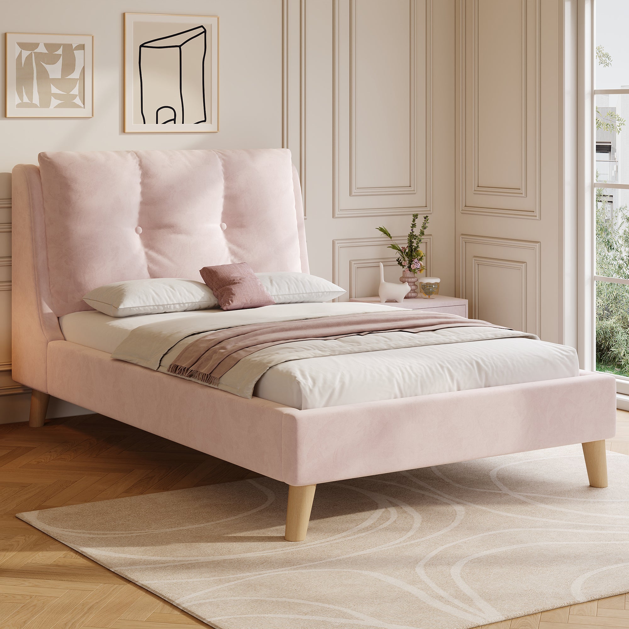 Upholstered Single Bed with Slatted Base and Headboard, 90 x 200cm, Pink Velvet
