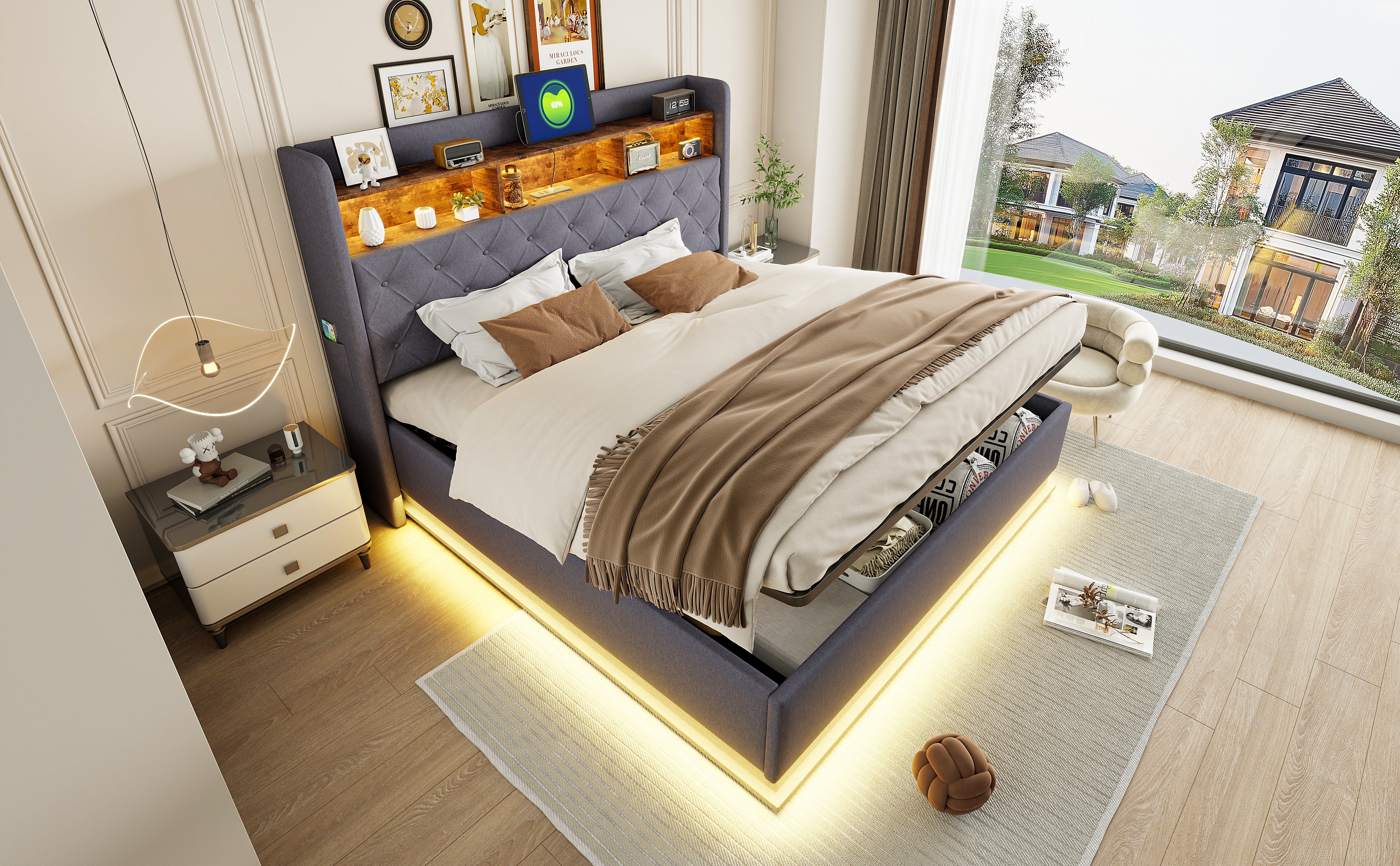 LED upholstered bed with USB and hydraulic storage, linen grey