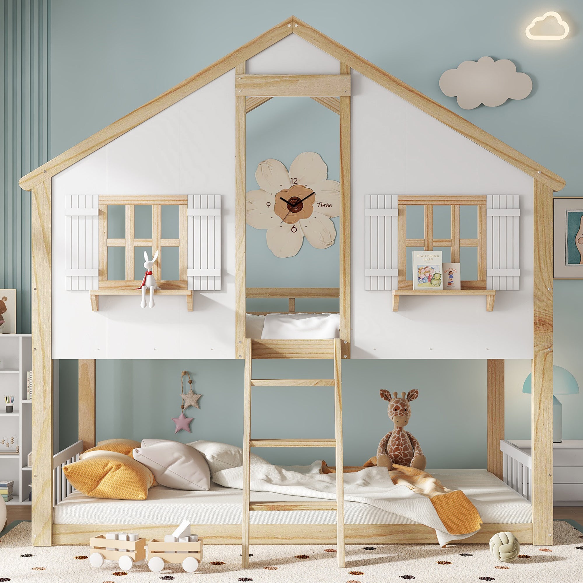 Bunk Bed, Children's with Windows & Roof, Safety Rails, Pine & MDF, White & Natural, 90x200cm