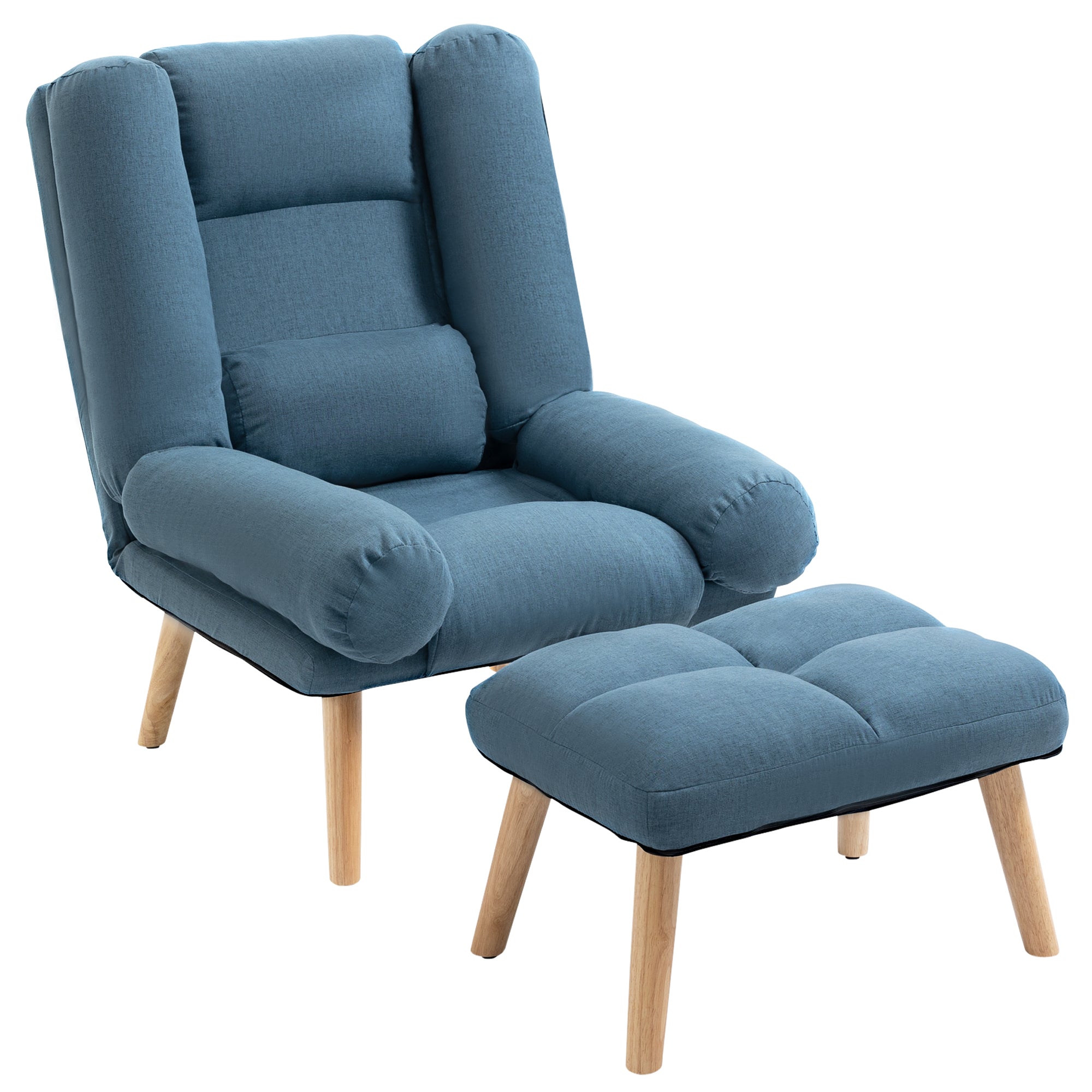 Armchair with Footstool, 180° Recliner and Ottoman, Adjustable Backrest, Wooden Legs, Blue