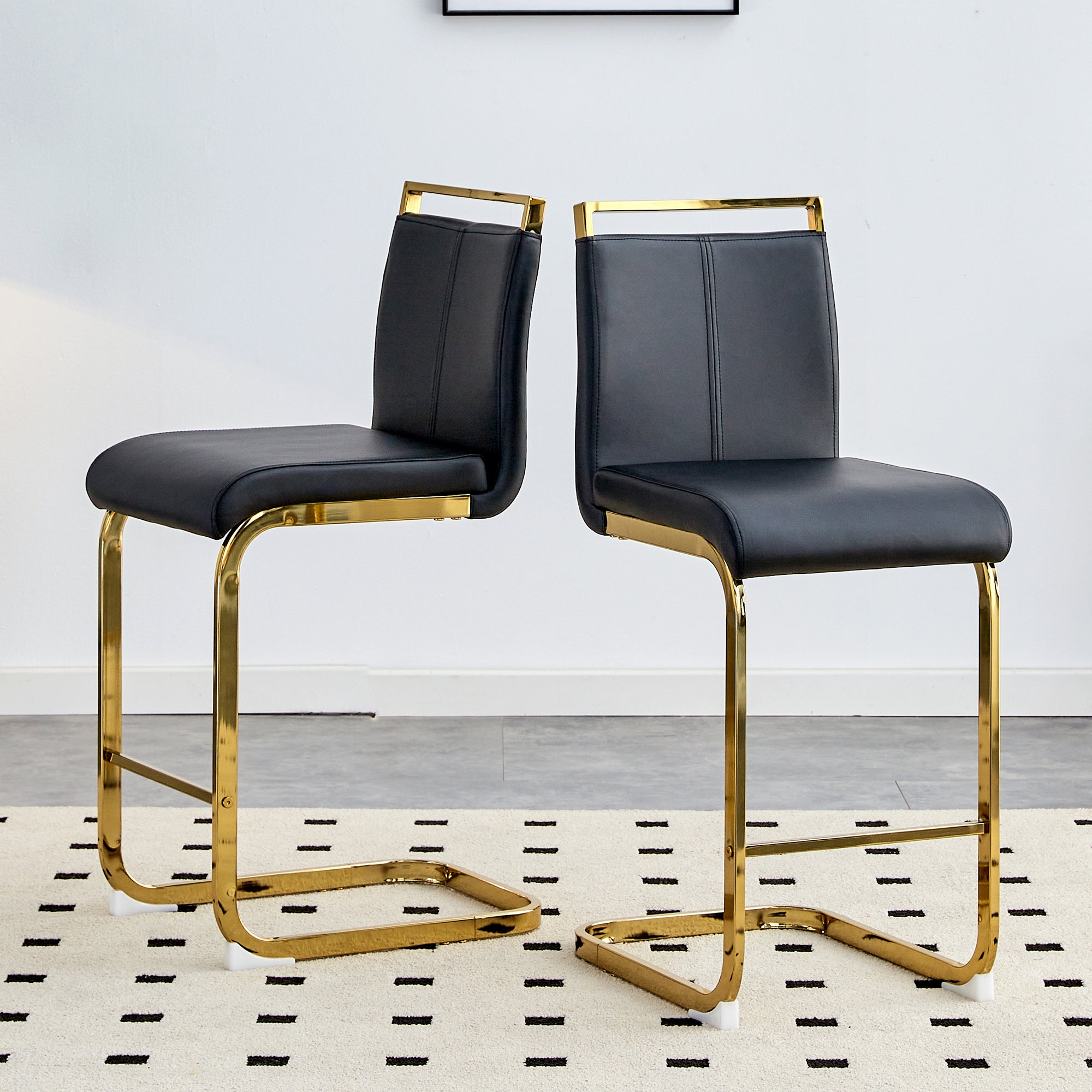 Nordic Bar Stools, Set of 2, Faux Leather & Gold Metal Legs