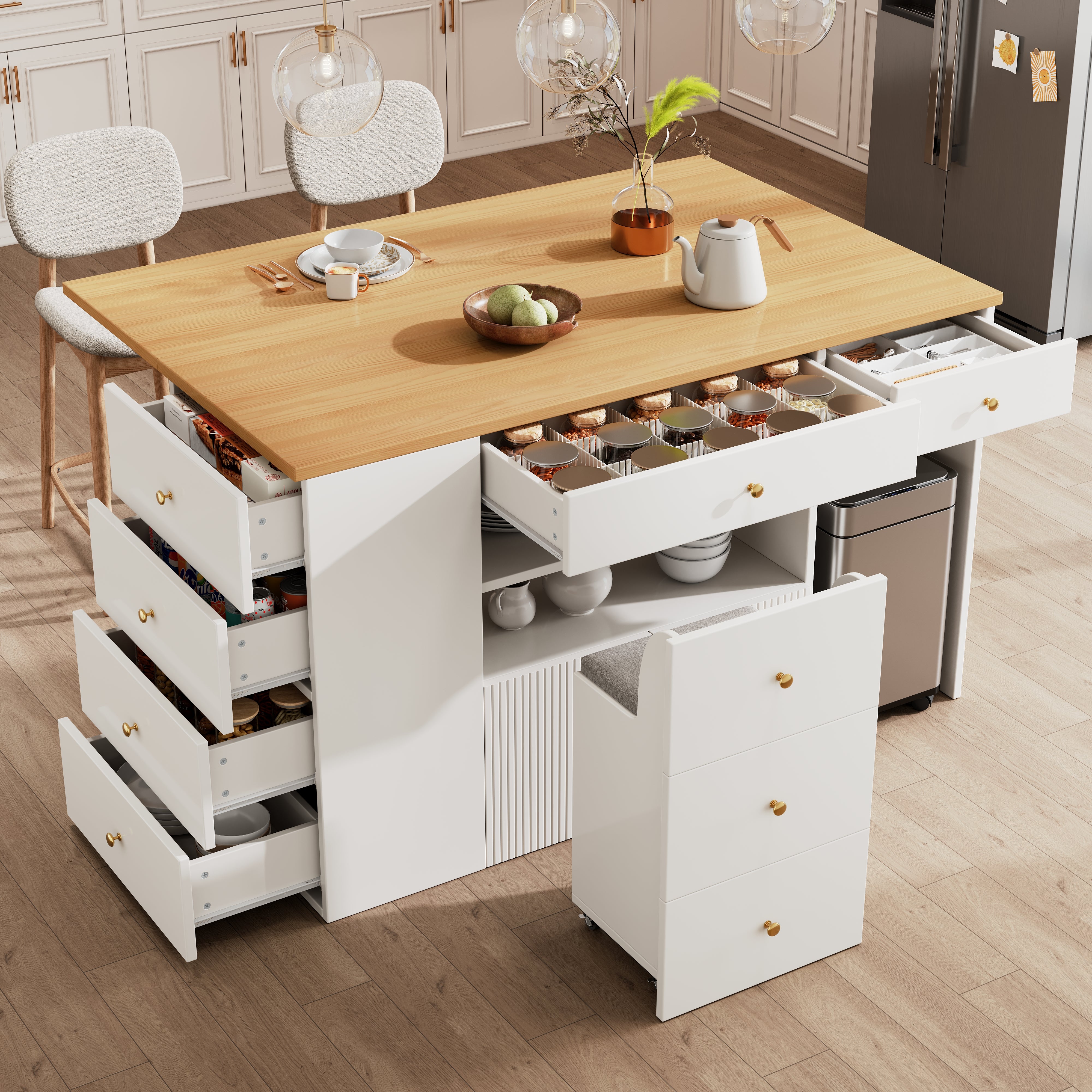 Kitchen Island Sideboard with 6 Drawers and Bar Stools, White and Black