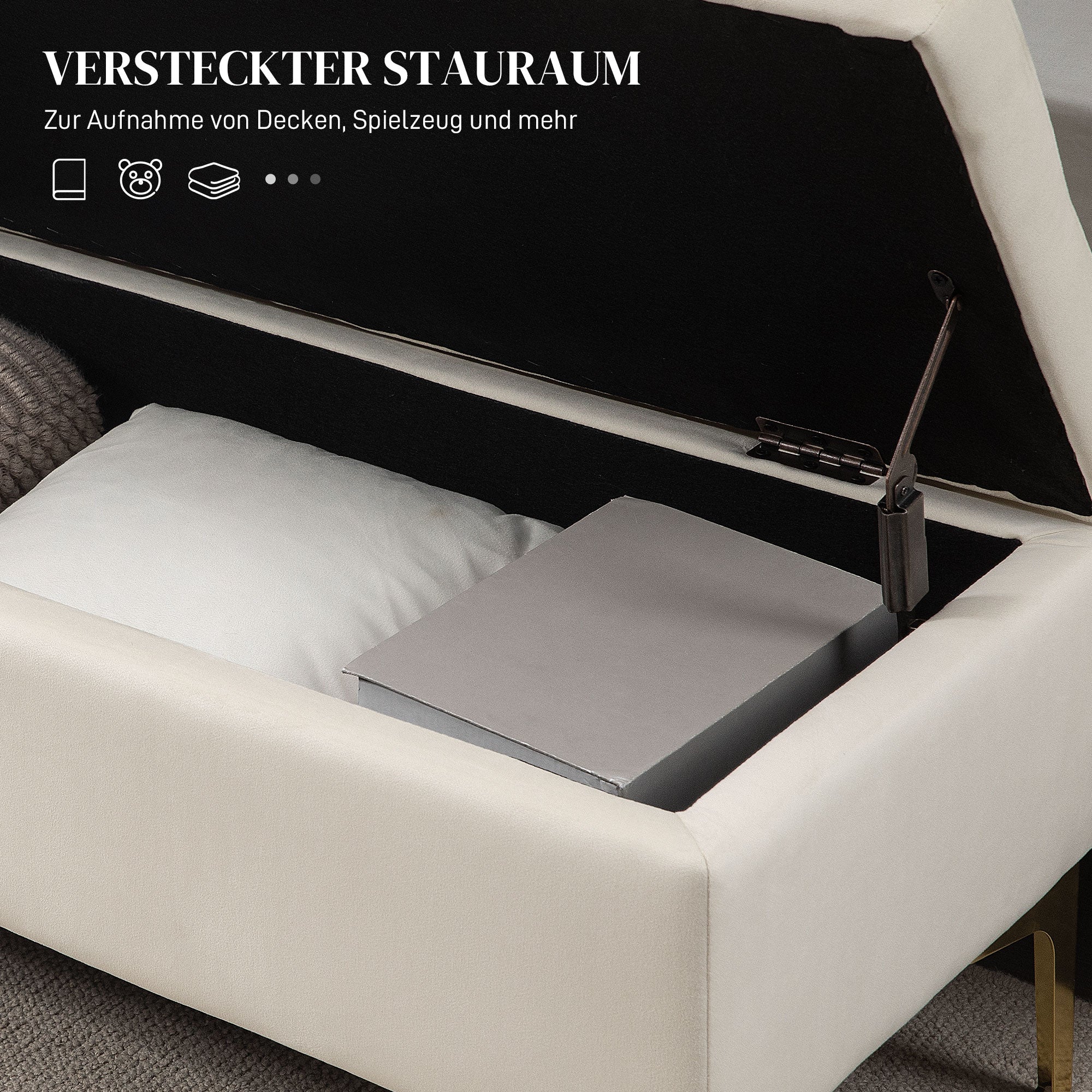 Storage Bench Upholstered Metal Legs, Velvet Look Beige