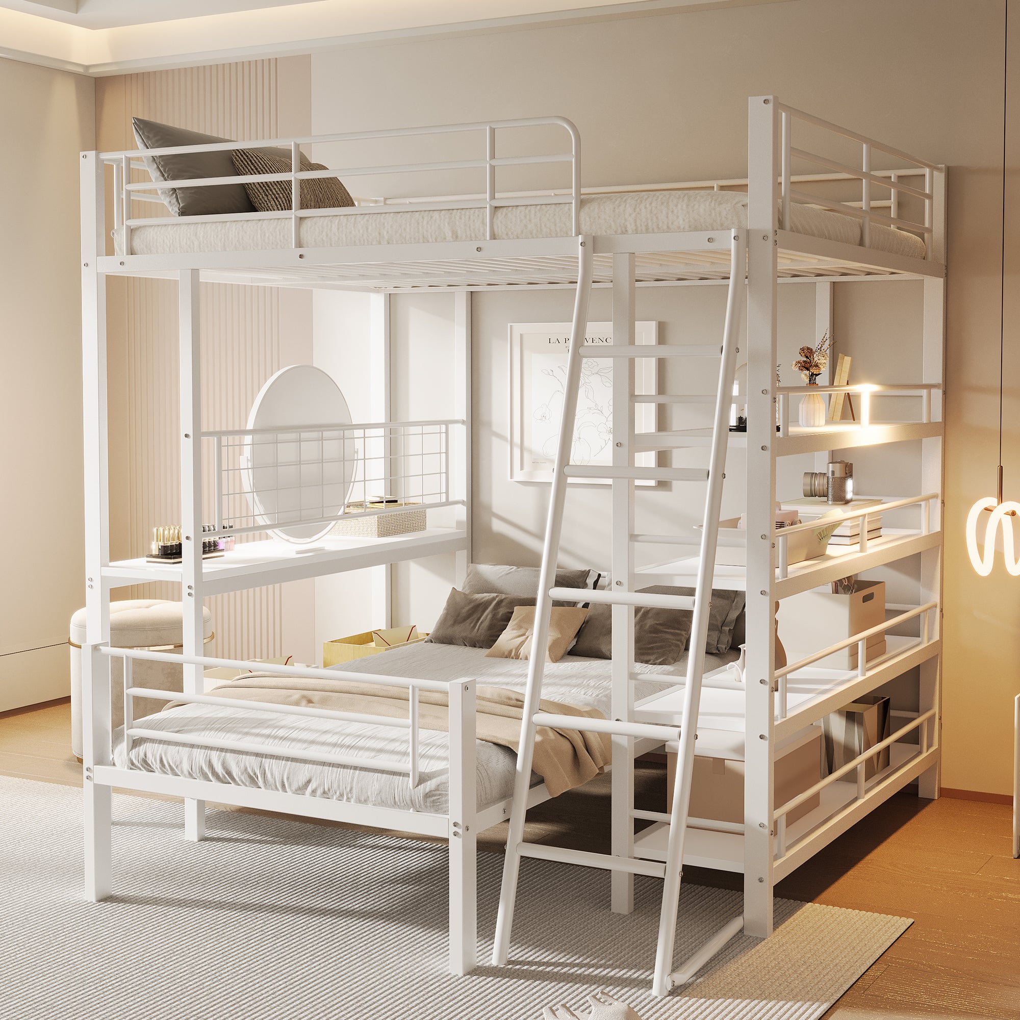 Bunk Bed, Loft 140x200 Multifunctional with Storage, White Metal