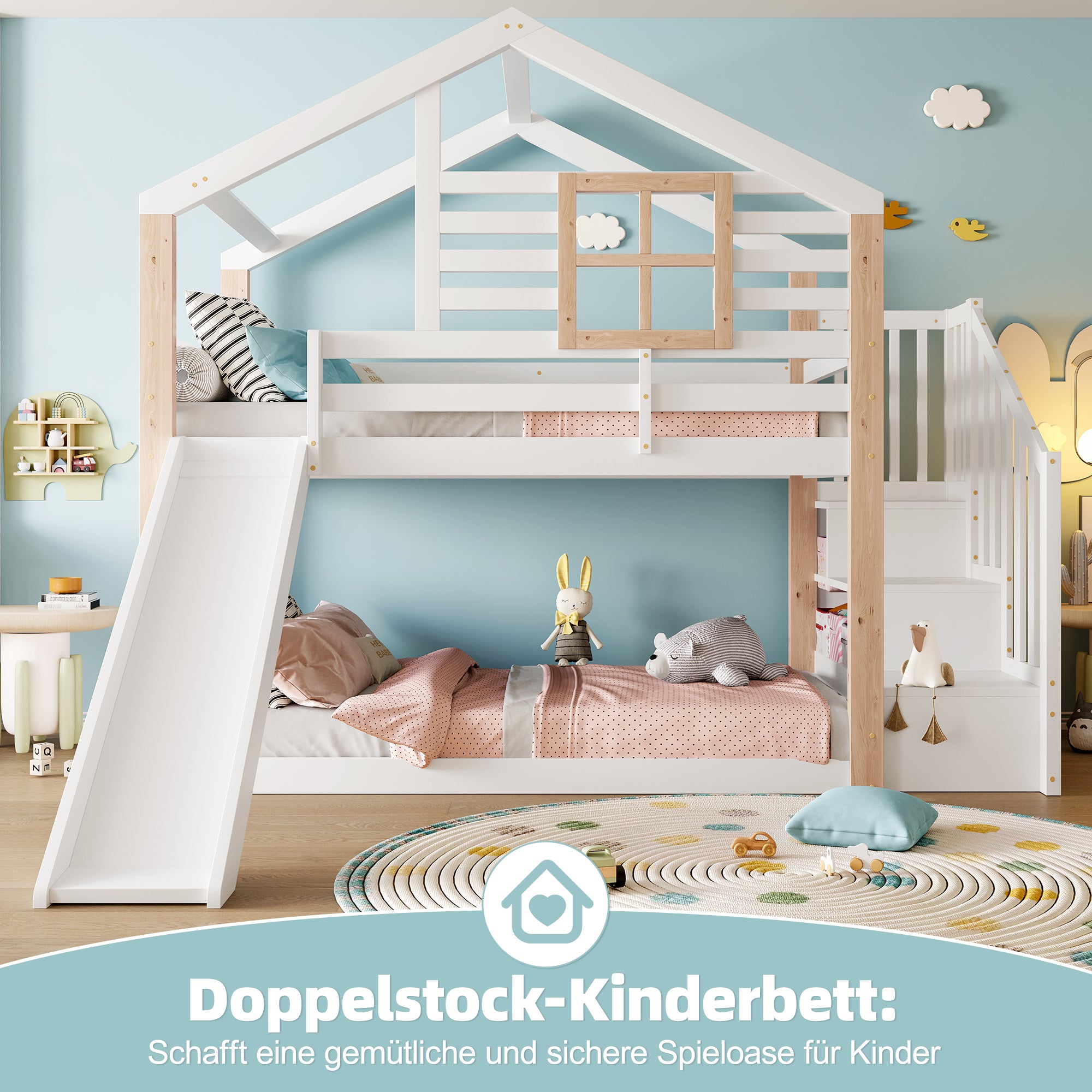 Children's Bunk Bed Slide Stairs Storage - Solid Wood Scandinavian Style