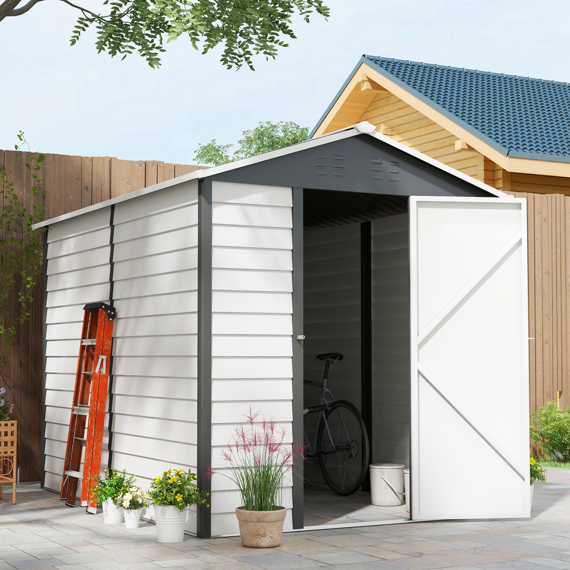 Metal Outdoor Garden Shed, Galvanised Tool Storage w/ Sloped Roof, Lockable Door, Dark Grey