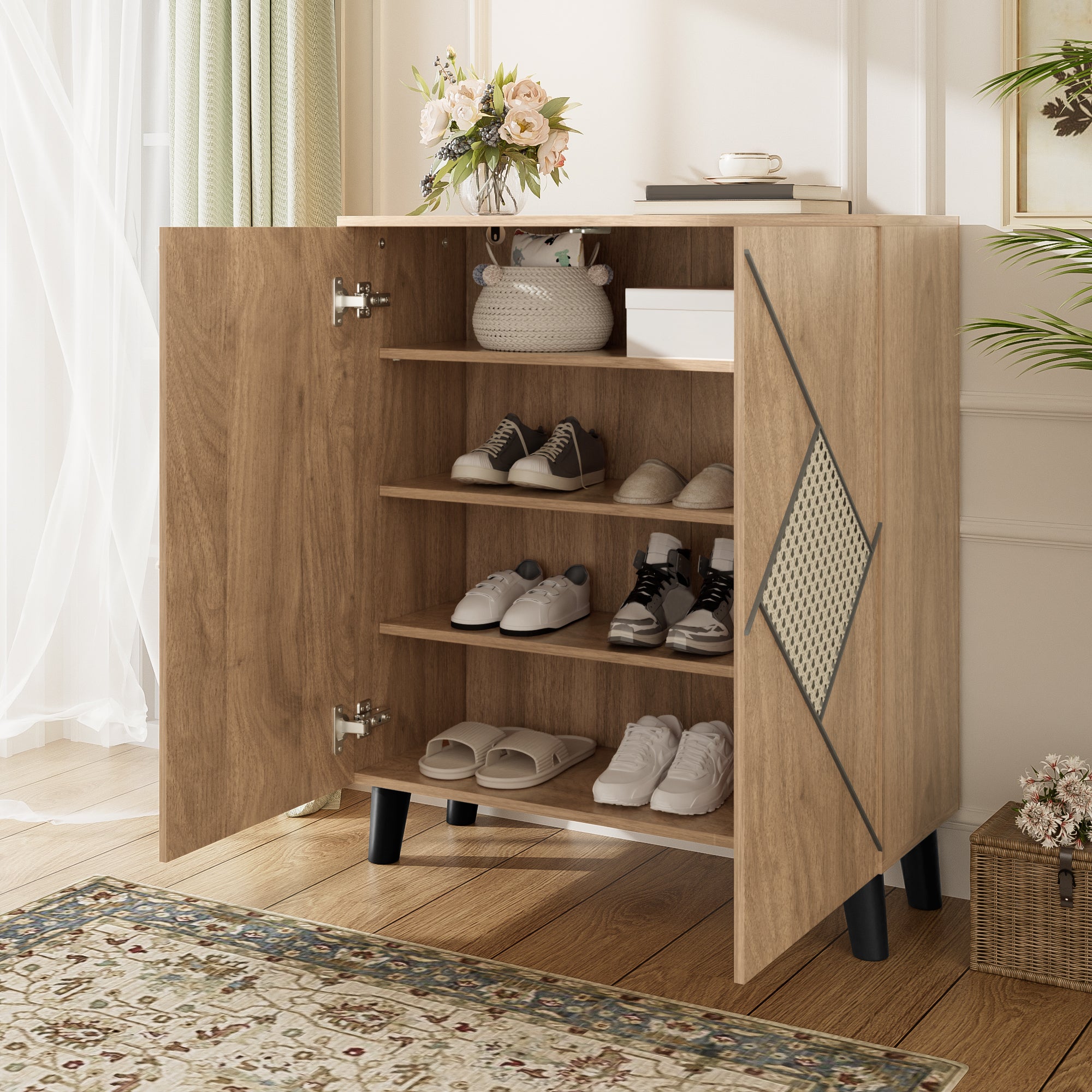 Modern Shoe Cabinet, 80x32x91 cm, Storage, Rattan Pattern, Wood Look