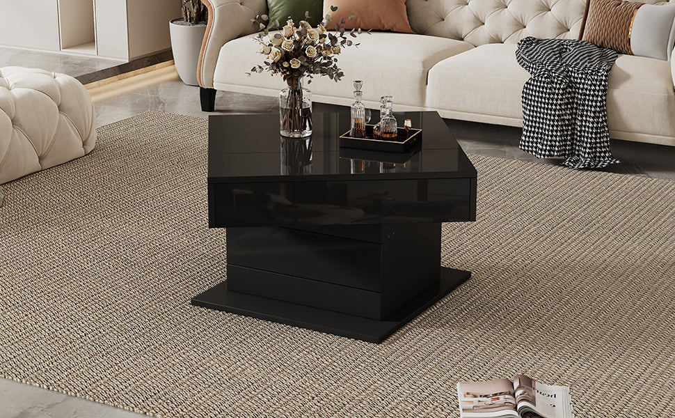 Coffee Table Geometric 360° Swivel Lift-Top 1 Drawer High-Gloss - Black