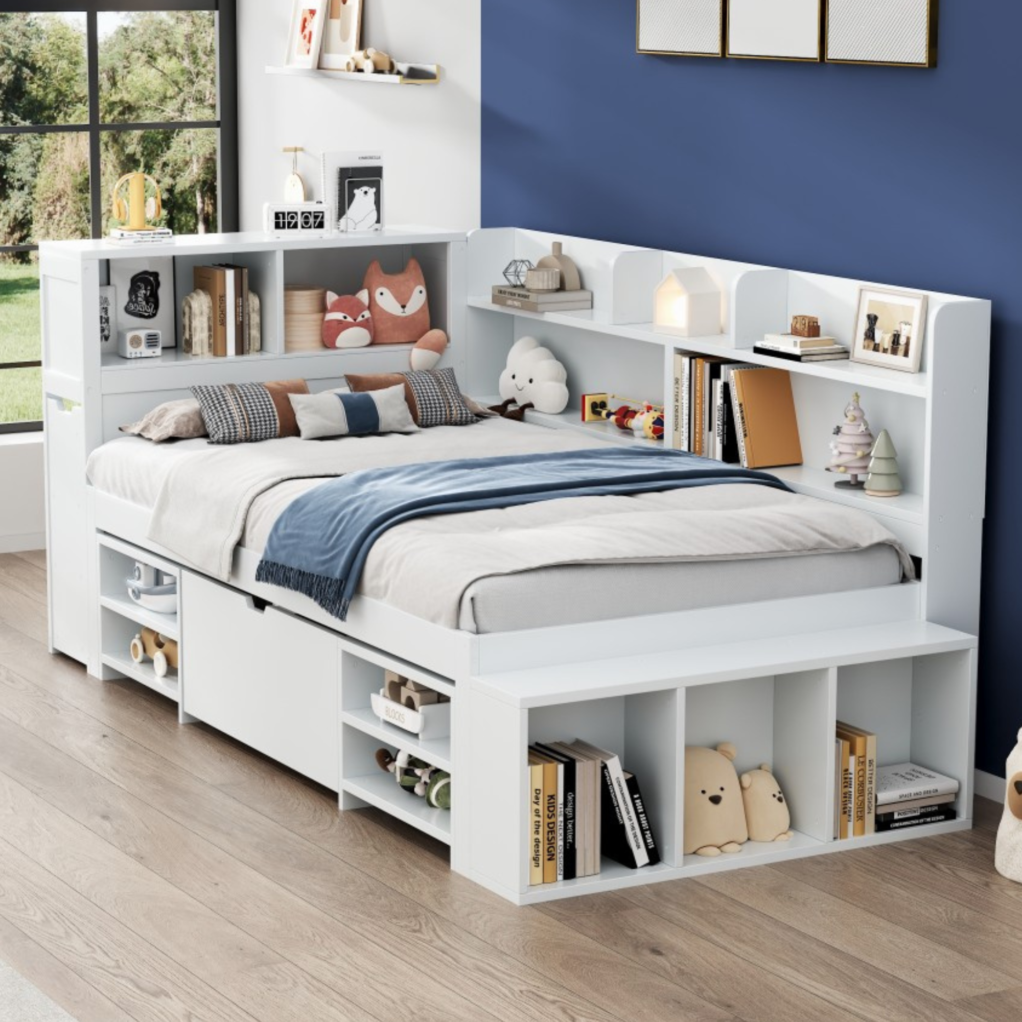 Children's Bed Single 3ft (90x190cm) with Drawers, Bookcase & Storage Cupboard, White