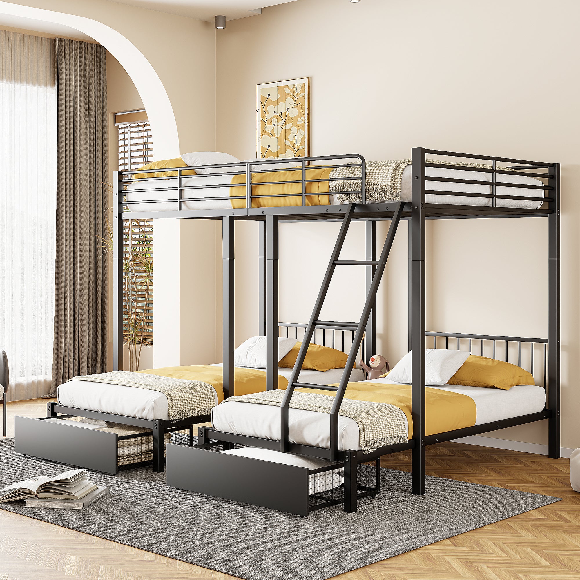 Triple Bunk Bed, Drawers, Convertible to Double & Two Single Beds, Metal, Black